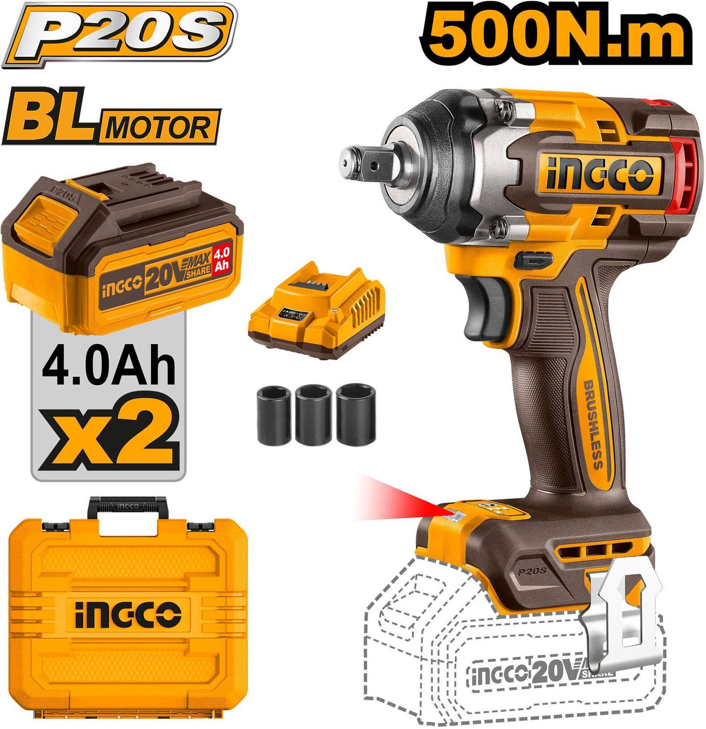 INGCO CIWLI2050 20V Cordless Impact Wrench 500Nm 3-Speed 2x4Ah Battery - Image 2