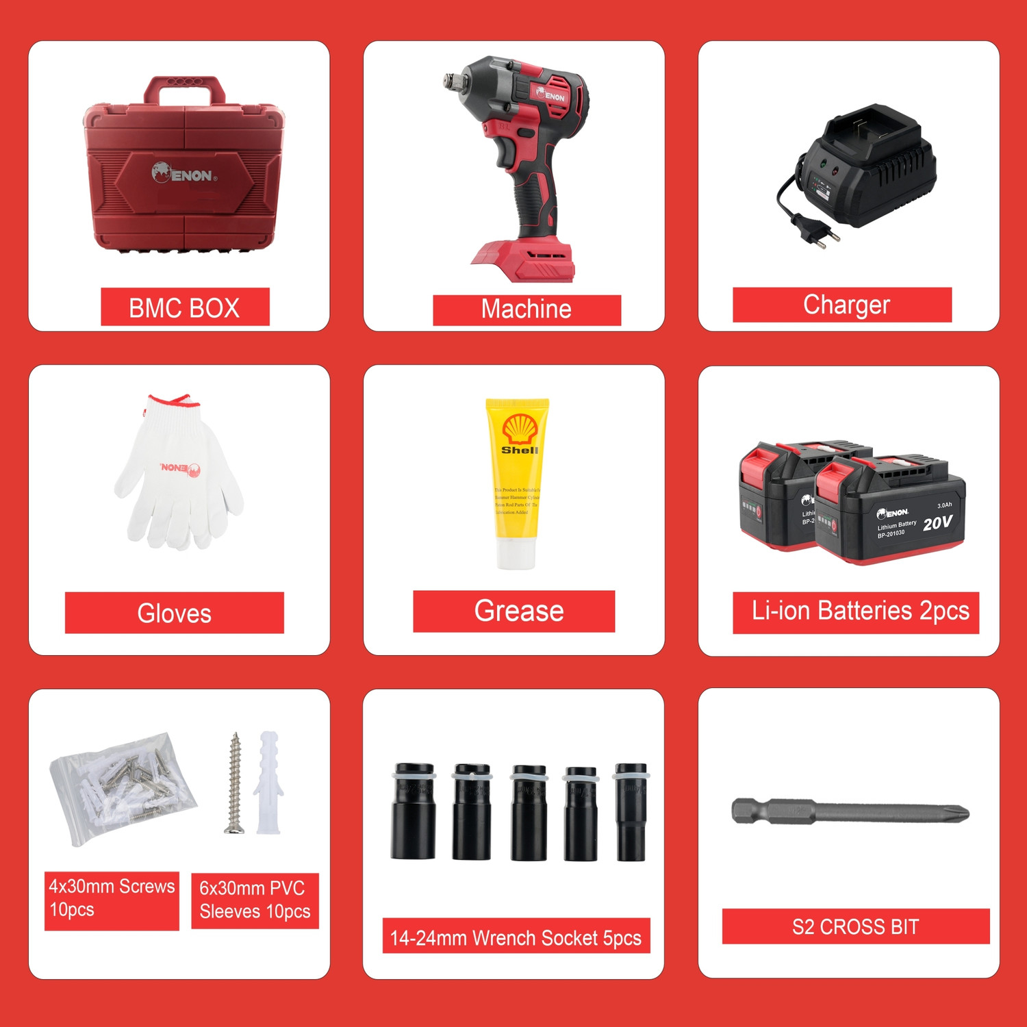 Image of Enon XE-BL2032 20V Cordless Impact Wrench, 410Nm Torque, Powerful Motor, 2 Batteries Cordless Impact Wrench