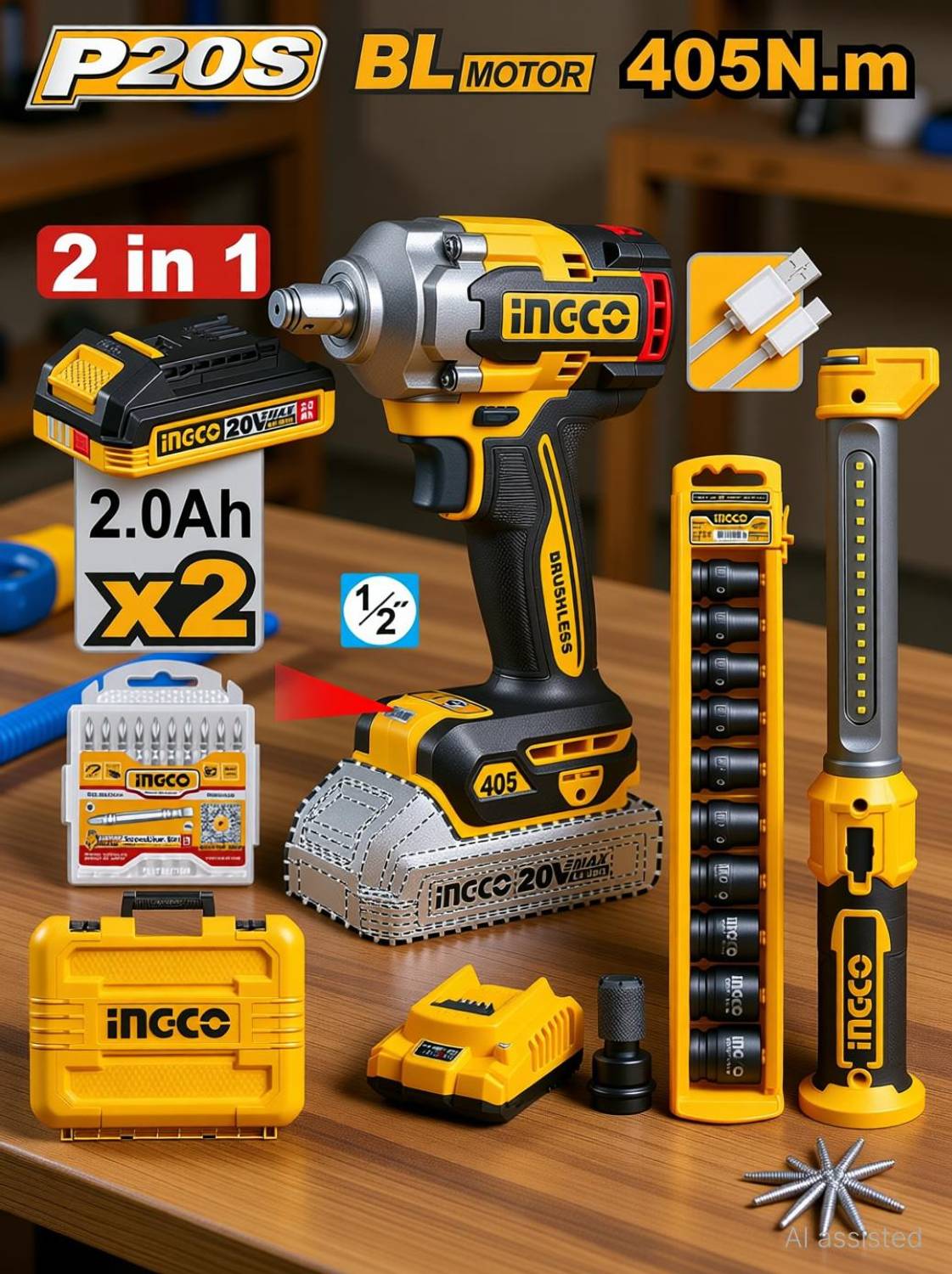 INGCO 20V Cordless Brushless Impact Wrench 405Nm - Image 2