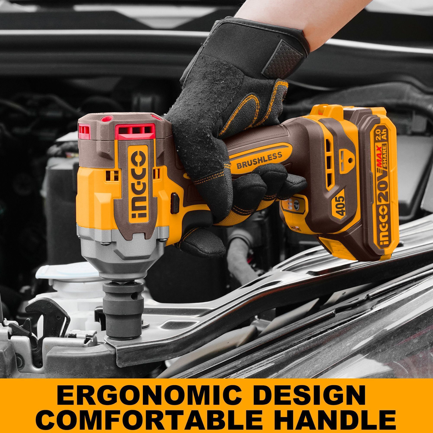 Image of INGCO 20V Cordless Impact Wrench 405Nm + Work Lamp | Complete Accessory Set | Cordless Impact Wrench