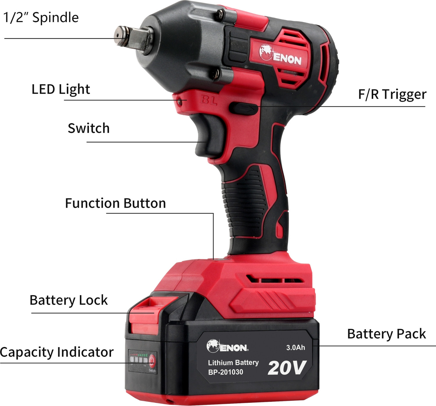 Image of Enon XE-BL2032 20V Cordless Impact Wrench, 410Nm Torque, Powerful Motor, 2 Batteries Cordless Impact Wrench