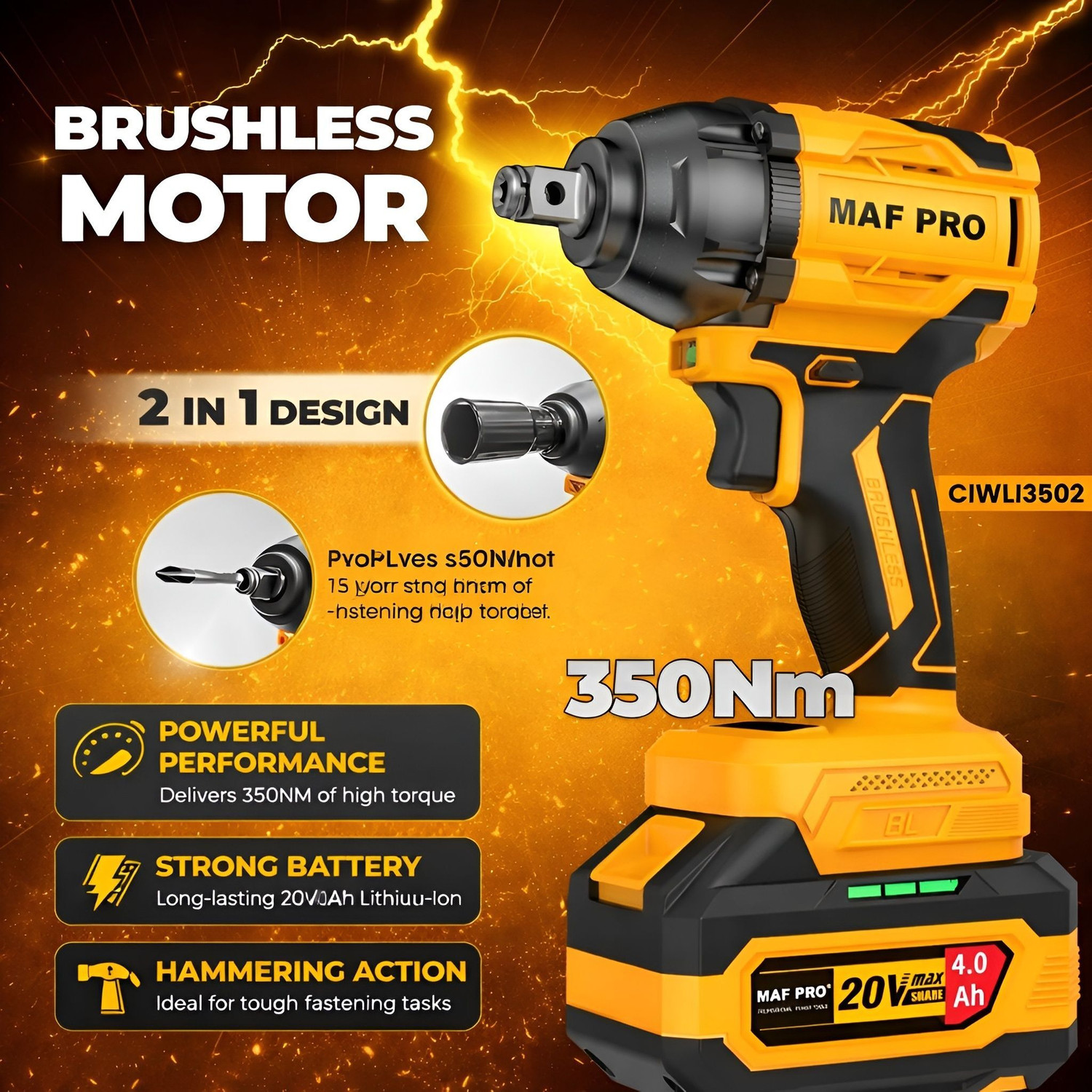 Image of Maf Pro CIWLI3502 20V Brushless Li-Ion | 350Nm High Torque Wrench with Variable Speed Cordless Impact Wrench