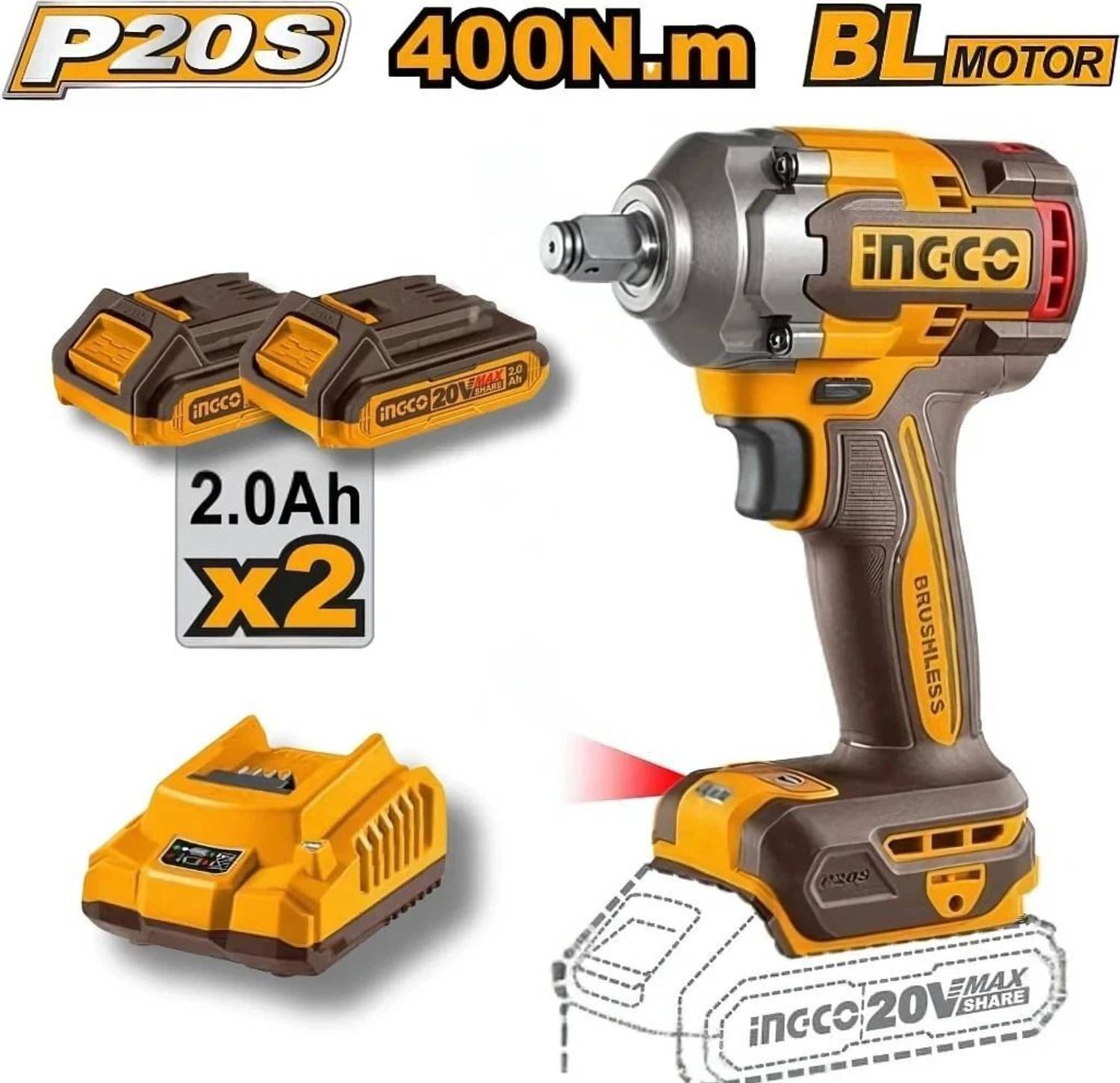 INGCO 1/2'' 27pcs Cordless Impact Wrench Kit 405NM - Image 2
