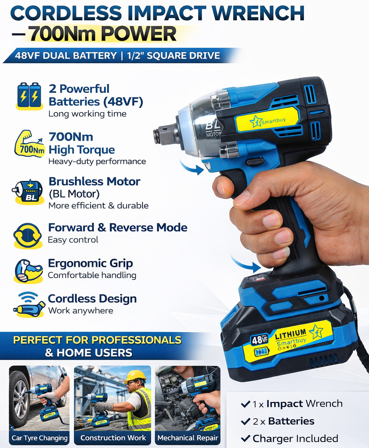 Image of Flipkart SmartBuy Cordless Impact Wrench 700Nm, 2 Battery 48Vf Power Tools 1 /2 inch Square Shaft Cordless Impact Wrench