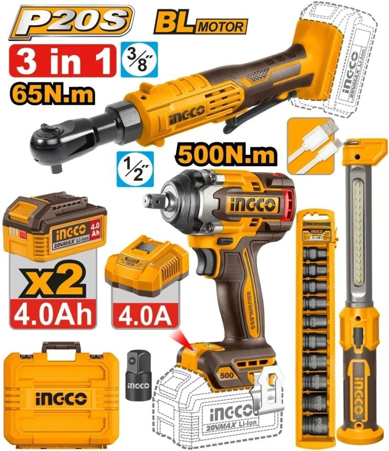 Image of INGCO Cordless Combo Kit 65 NM Ratchet Wrench, Led Work Lamp & 500 NM Cordless Impact Wrench