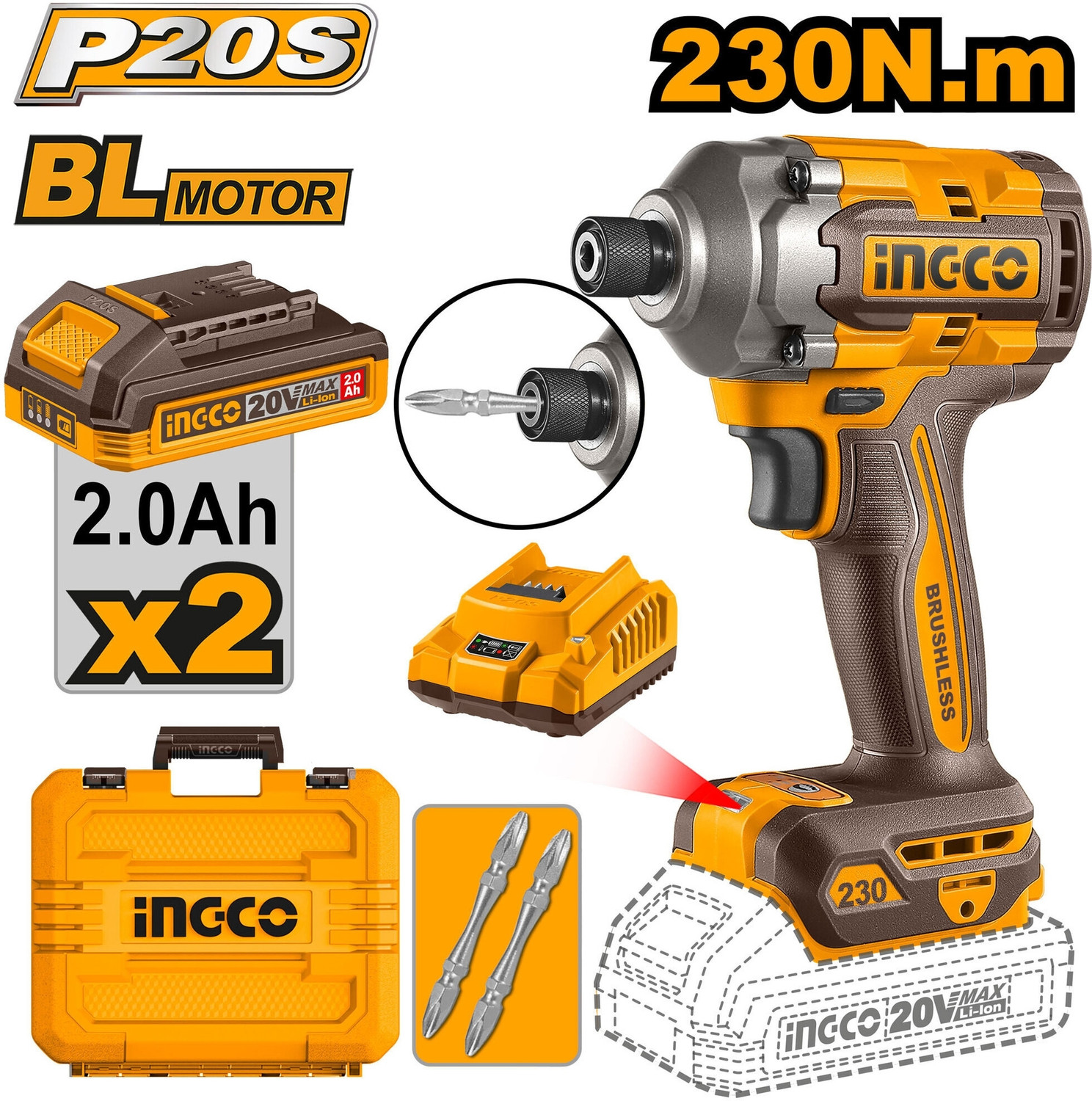 Image of INGCO 20V Cordless BL Impact Driver Kit (230N.m Torque) Cordless Impact Wrench