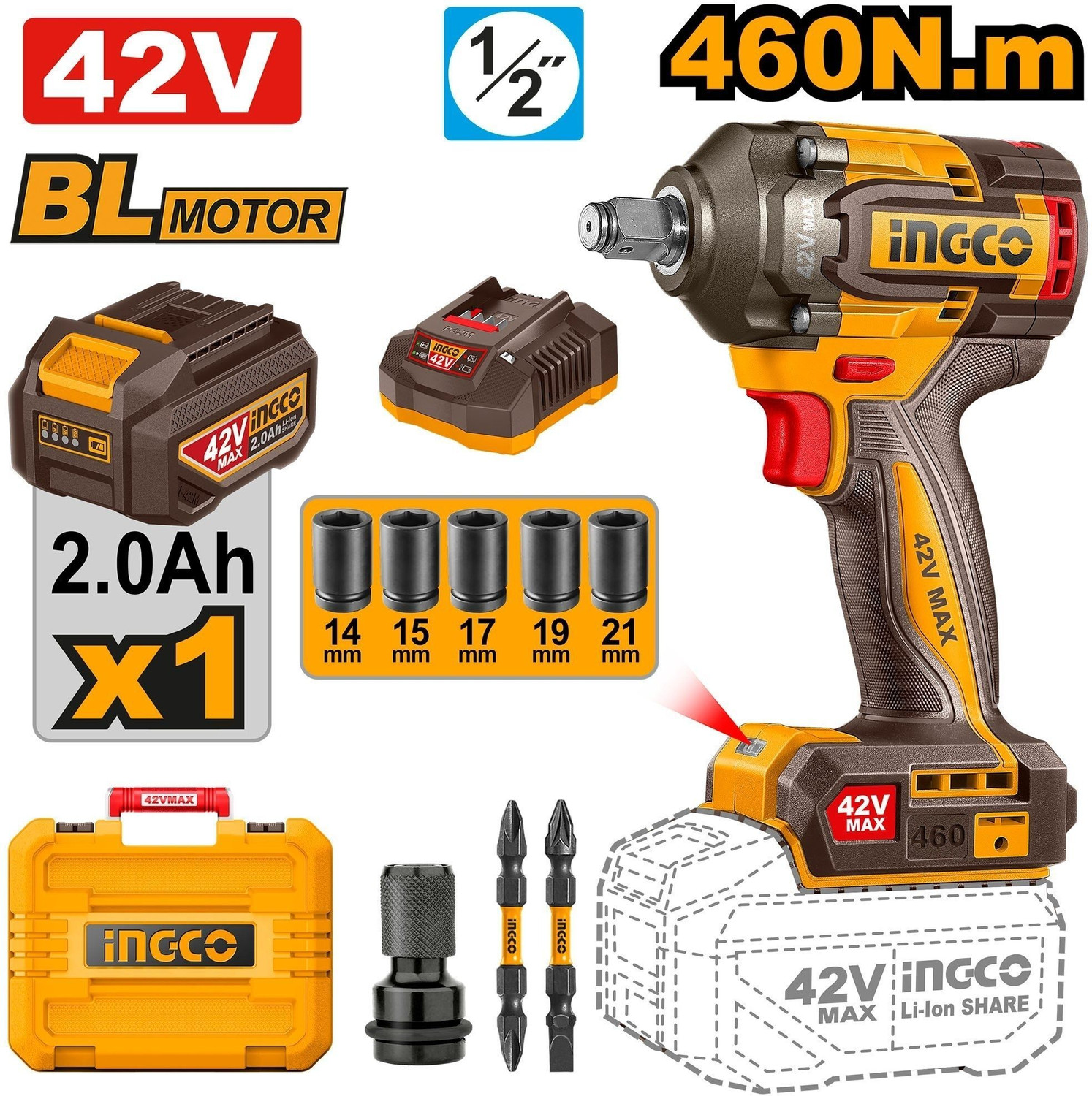 Image of INGCO 42V Brushless Cordless Impact Wrench 460Nm with 1 Battery and Charger Cordless Impact Wrench
