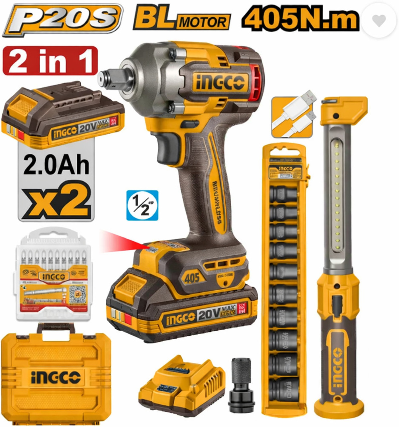 Image of INGCO 20V Cordless Brushless Impact Wrench 405Nm with 2.0Ah Batteries & Combo Kit Cordless Impact Wrench