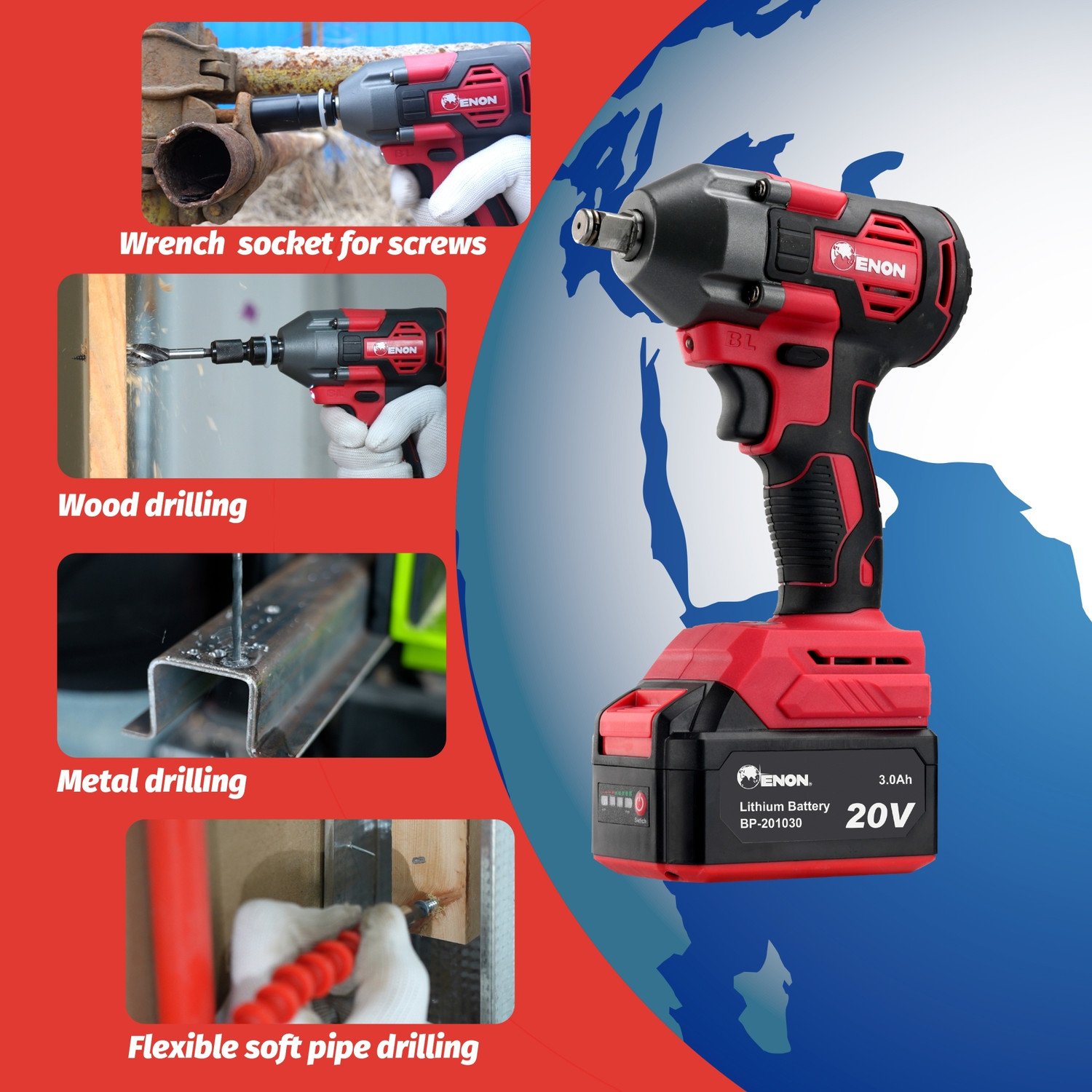 Image of Enon XE-BL2032 20V Cordless Impact Wrench, 410Nm Torque, Powerful Motor, 2 Batteries Cordless Impact Wrench