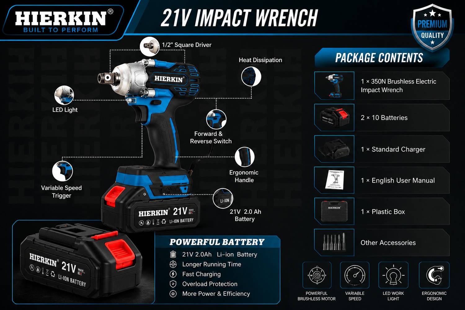 HIERKIN 21V Brushless Cordless Impact Wrench Kit - Image 2