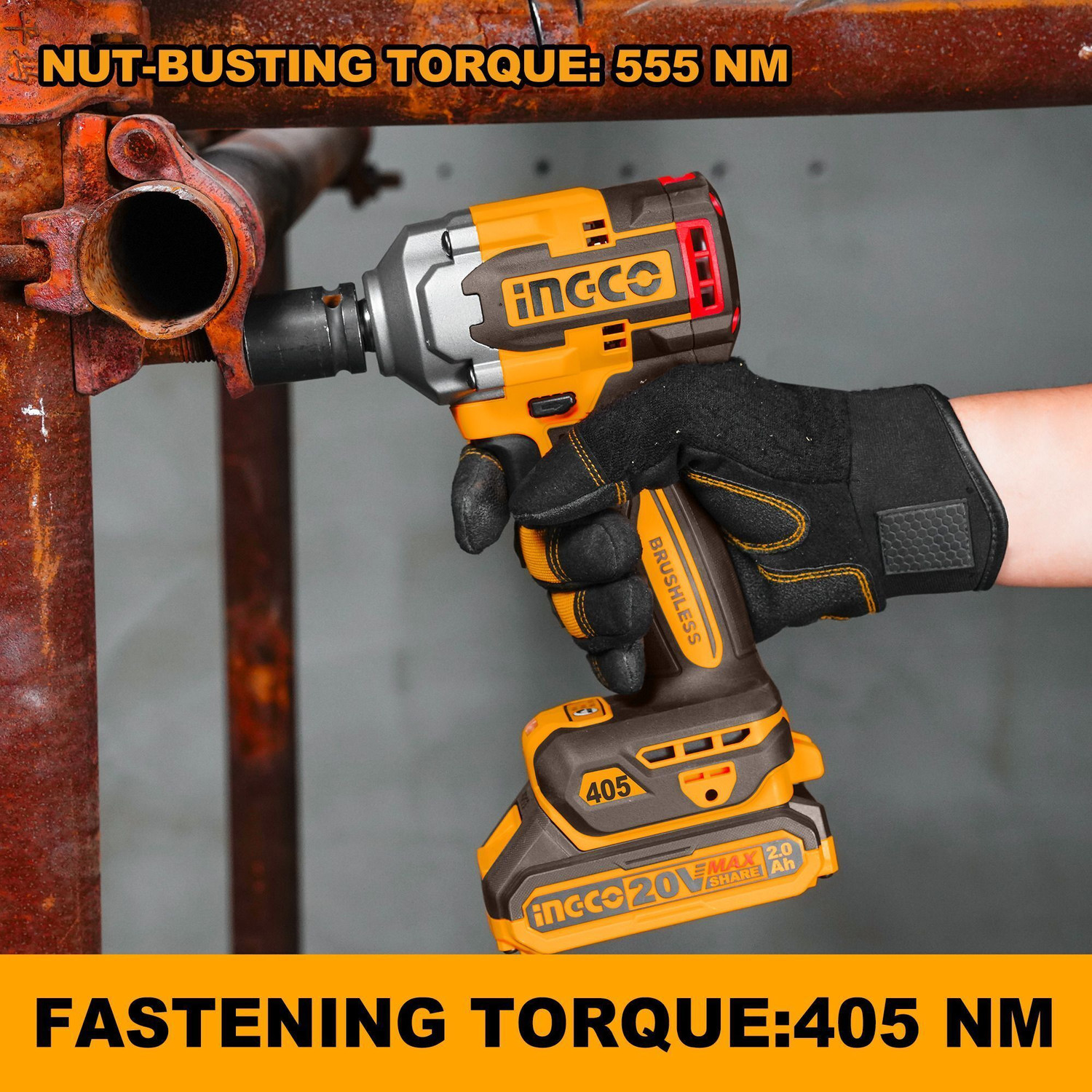 Image of INGCO 20V Cordless Impact Wrench 405Nm + Work Lamp | Complete Accessory Set | Cordless Impact Wrench