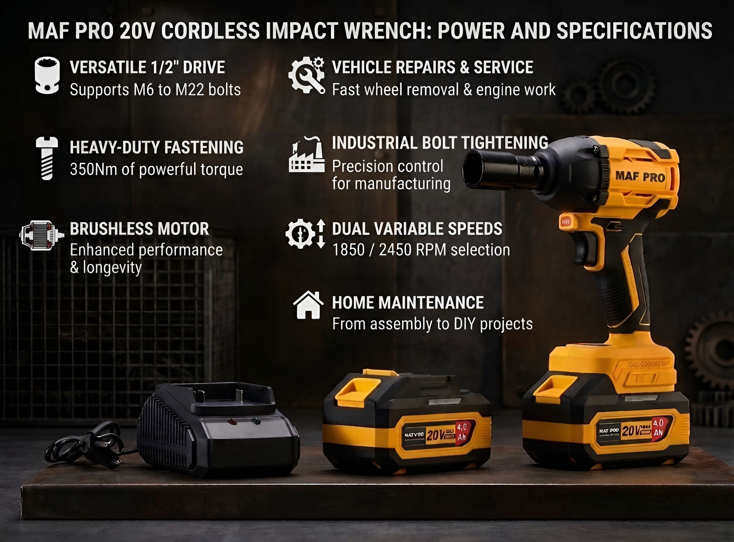 Image of Maf Pro CIWLI3502 20V Brushless Li-Ion | 350Nm High Torque Wrench with Variable Speed Cordless Impact Wrench