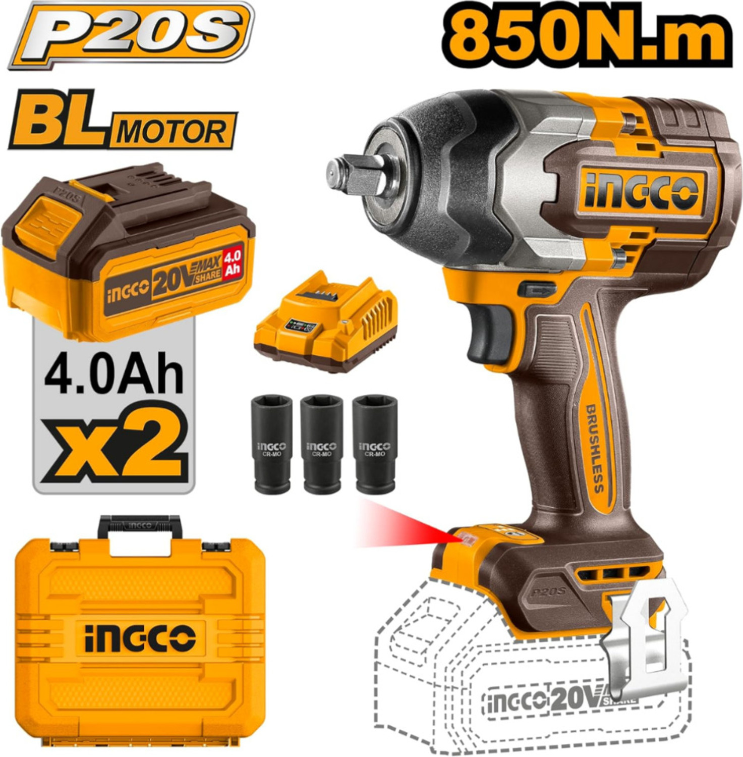 Image of INGCO 20V CIWLI2085(850NM) 1000NM MAXIMUM TORQUE 3 SPEED WITH AI FEATURE Cordless Impact Wrench (1 /2 inch)