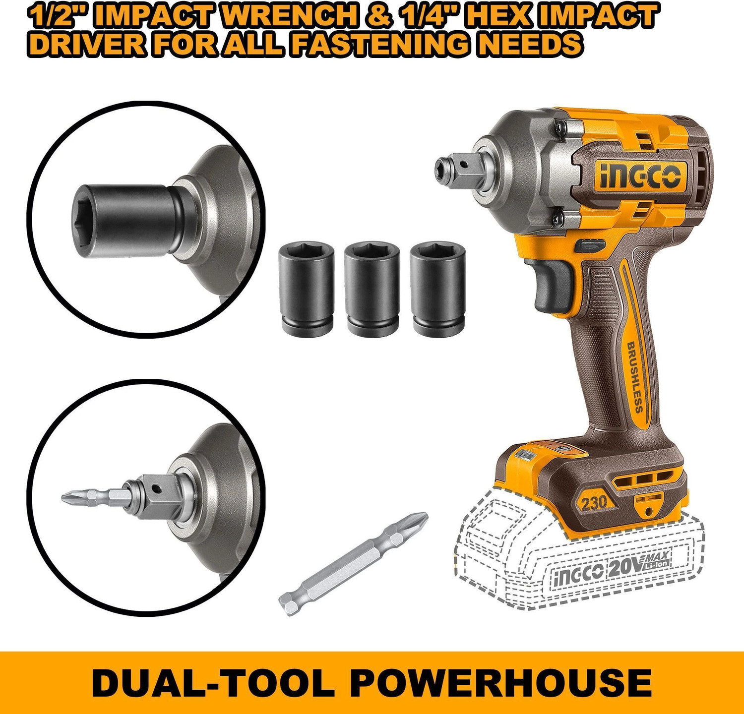 Image of INGCO 2-IN-1 Cordless Impact Driver & Wrench, 3-Speed, with 2pcs Batteries, a Charger, Cordless Impact Wrench
