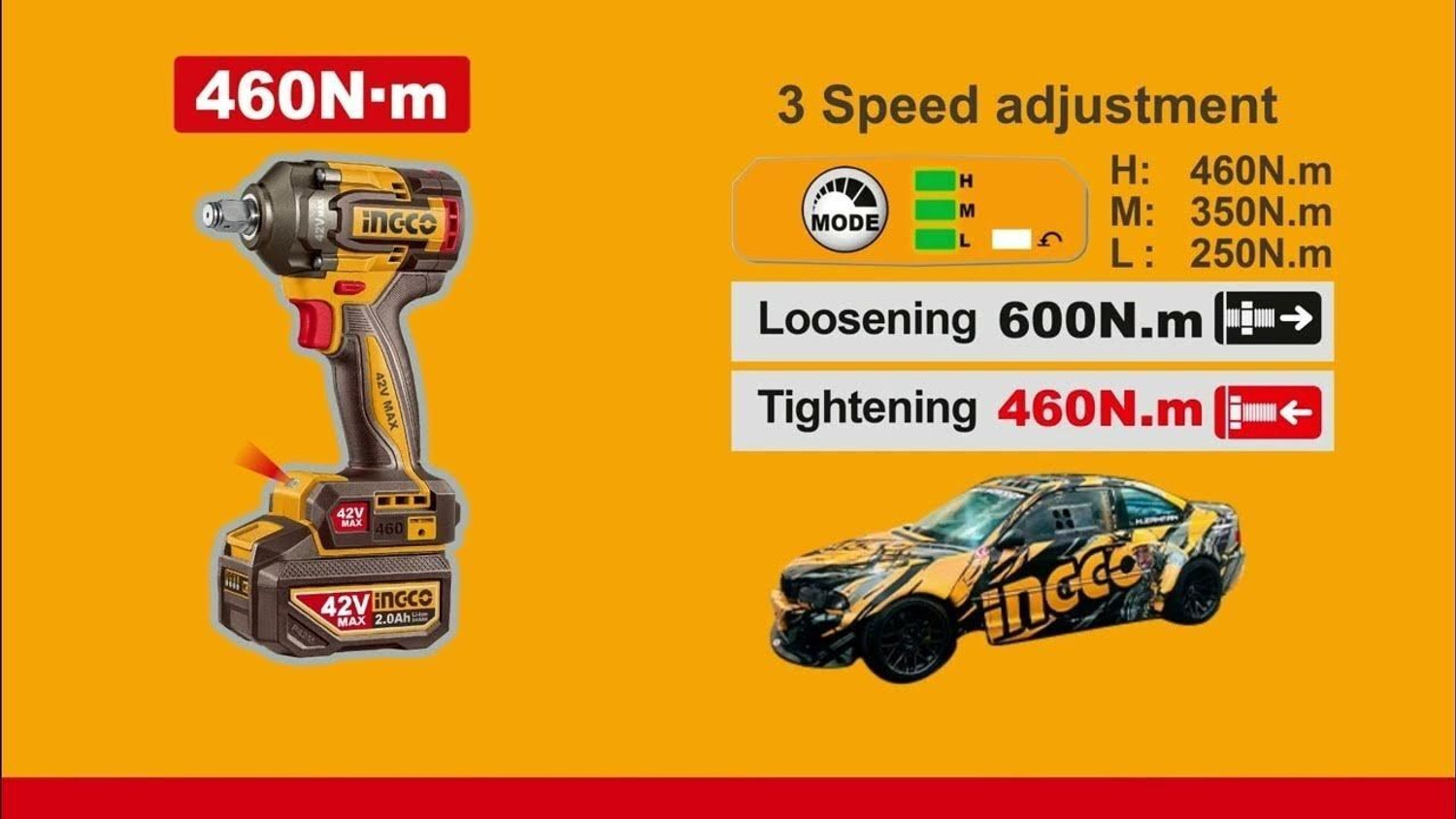 Image of INGCO 42V Brushless Cordless Impact Wrench 460Nm with 1 Battery and Charger Cordless Impact Wrench