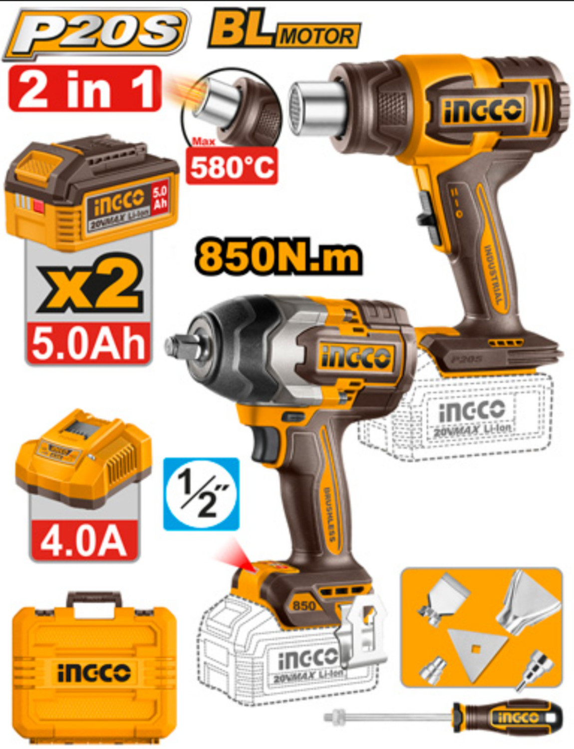 Image of INGCO 2PCS COMBO KIT HGLI2008 CORDLESS HEAT GUN WITH 850NM Cordless Impact Wrench