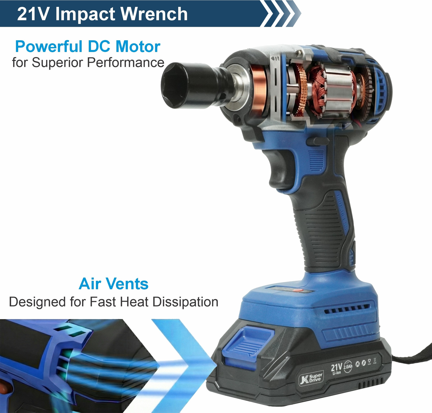Image of JK Super Drive 21V Cordless Impact Wrench Kit (350Nm) - 2000mAh Battery & Auto-Stop Safety Mode Cordless Impact Wrench (1 /2 inch)