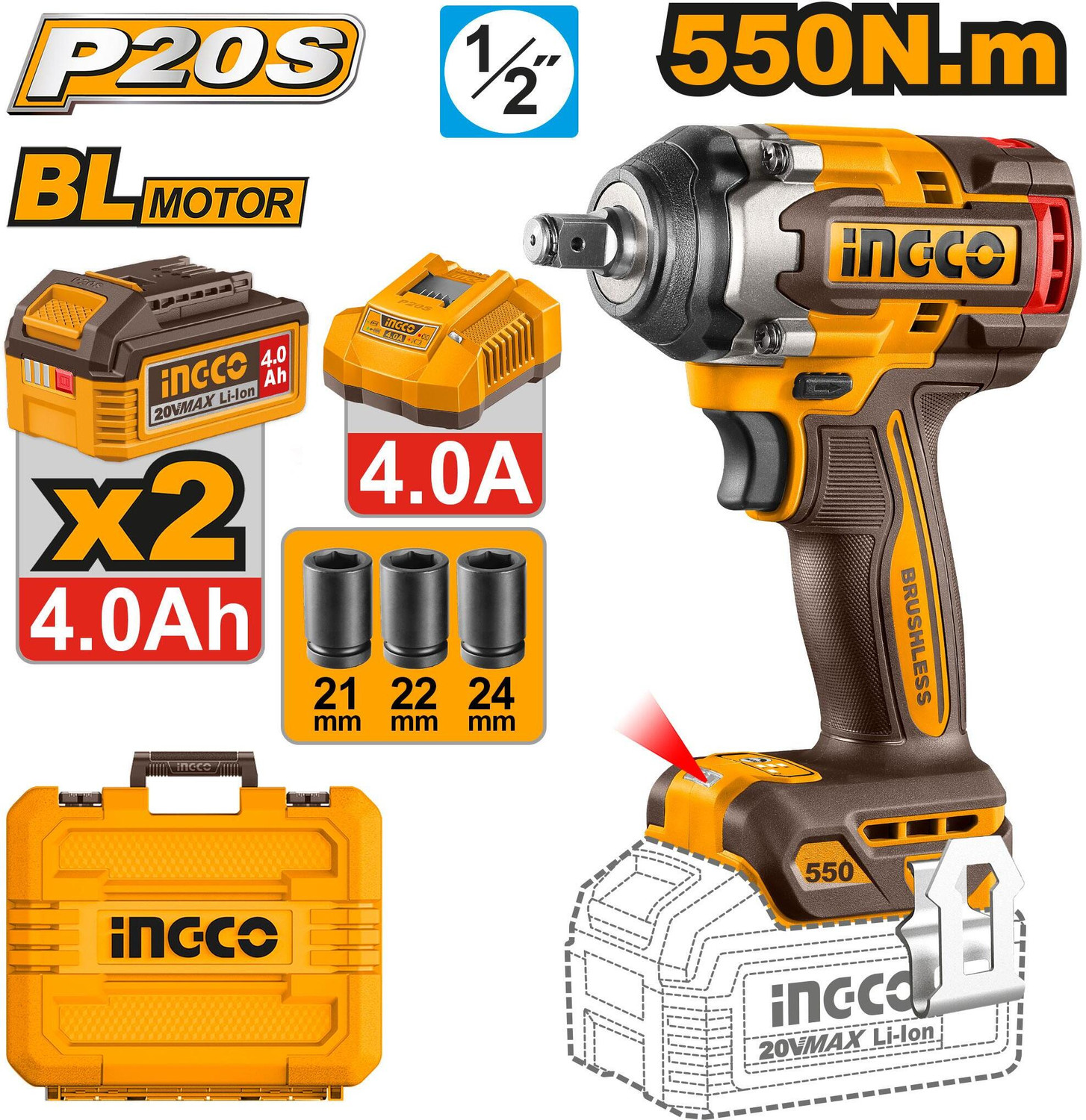 Image of INGCO 20V Brushless Cordless Impact Wrench (1 /2 Inch) Cordless Impact Wrench
