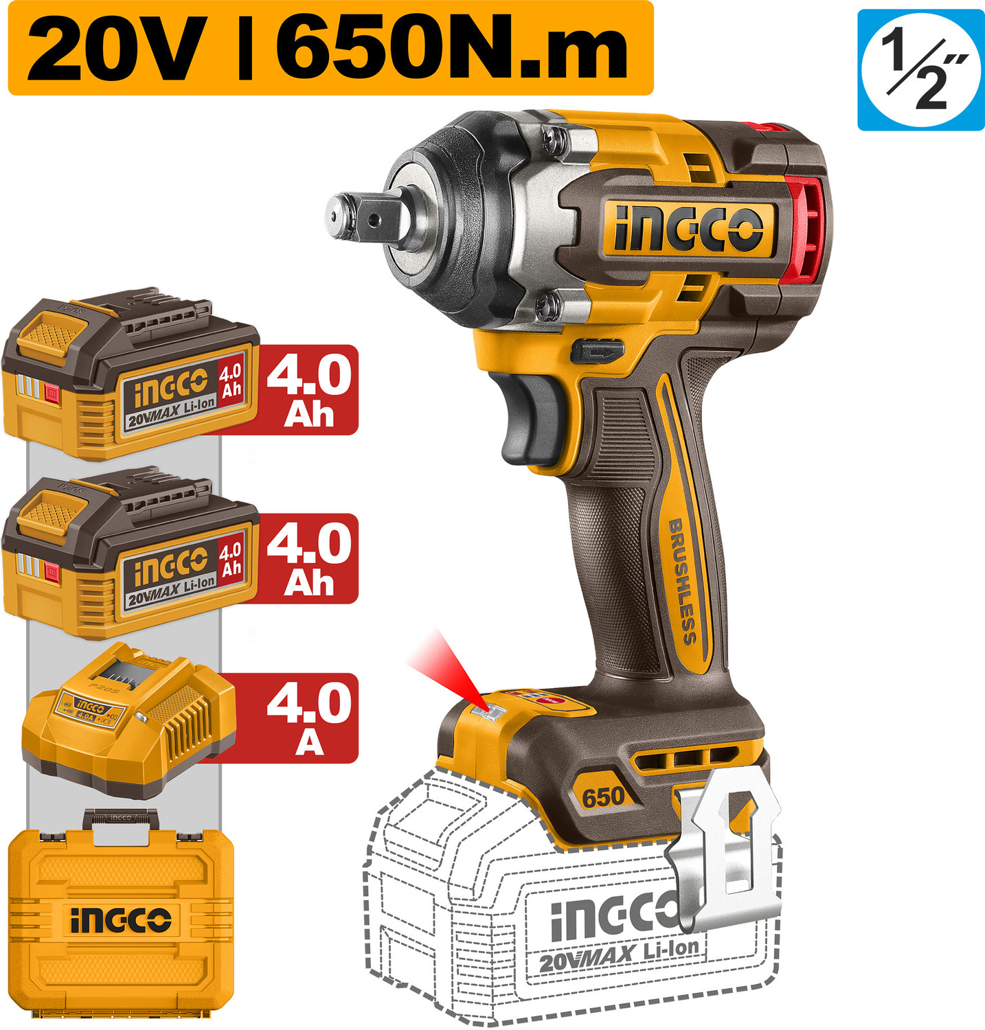 Image of INGCO CIWLI2065 Cordless Impact Wrench (1 /2 inch)