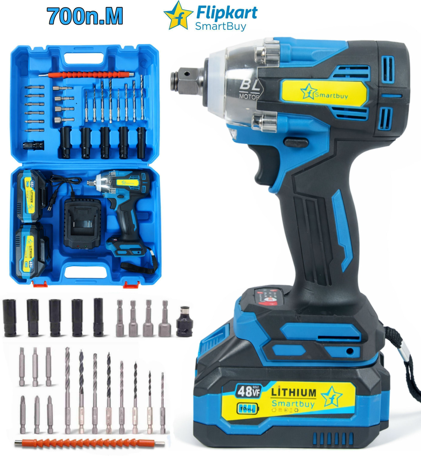 Image of Flipkart SmartBuy Cordless Impact Wrench 700Nm, 2 Battery 48Vf Power Tools 1 /2 inch Square Shaft Cordless Impact Wrench