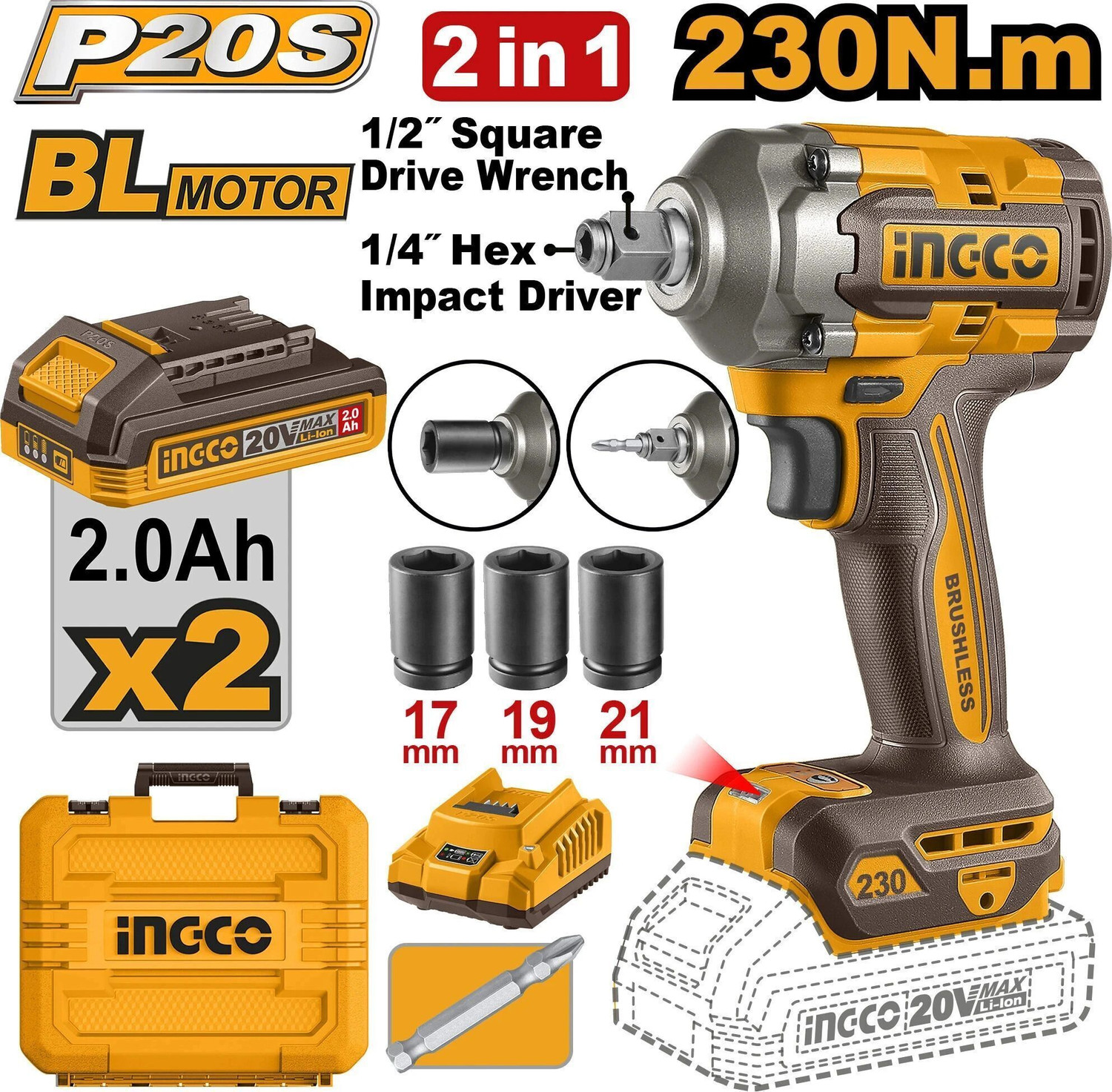 Image of INGCO 2-IN-1 Cordless Impact Driver & Wrench, 3-Speed, with 2pcs Batteries, a Charger, Cordless Impact Wrench