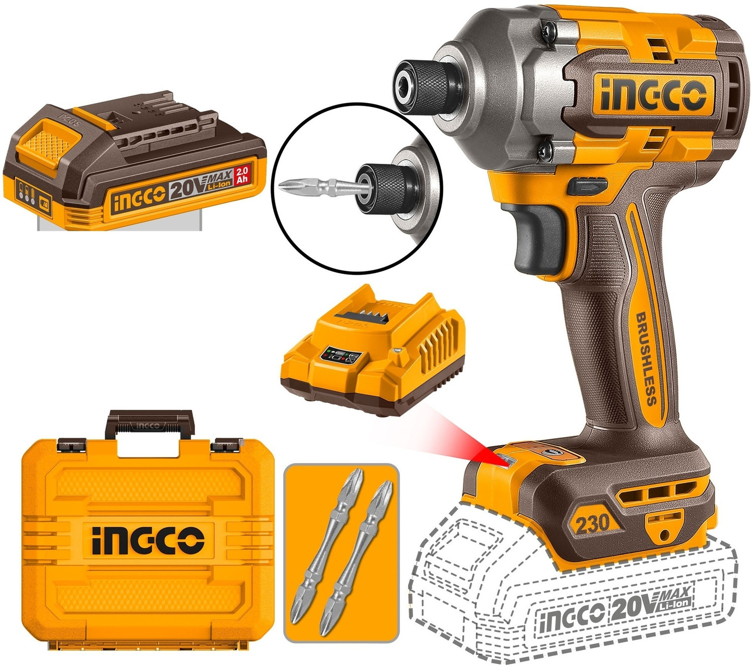 Image of INGCO 20V Cordless BL Impact Driver Kit (230N.m Torque) Cordless Impact Wrench