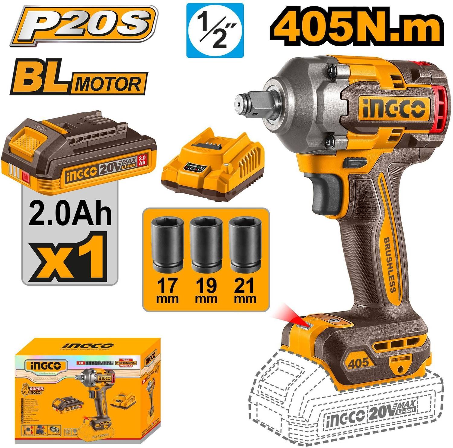 INGCO 20V Lithium-ion 405nm Brushless Cordless Impact Wrench - Image 1