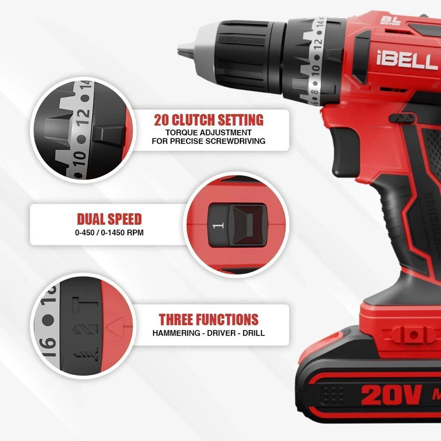 Image of iBELL Brushless Cordless Impact Driver Drill BM18-60, 20V, 1450 RPM,10mm Chuck, Cordless Impact Wrench