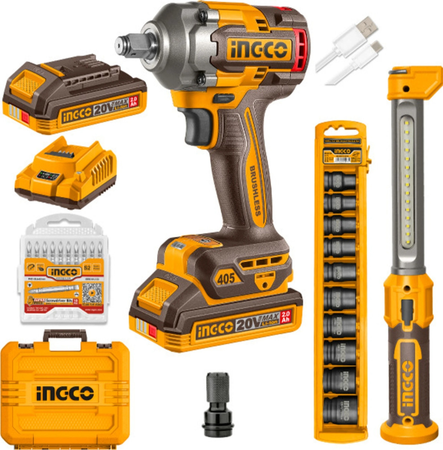 Image of INGCO 20V Cordless BL Impact Wrench 405Nm with 2.0Ah Batteries, Combo COSLI23098 Cordless Impact Wrench