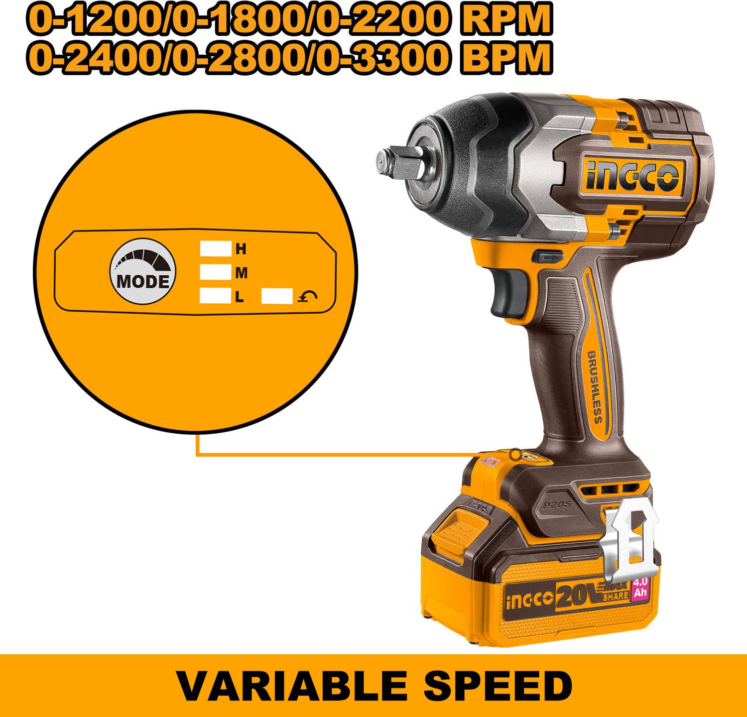 INGCO CIWLI2085 850Nm 3-Speed Cordless Impact Wrench - Image 4