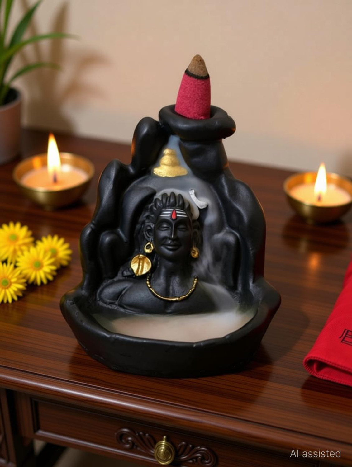 Image of Shree shyam Ltd Lord Adiyogi Shiva Idol Statue Pack of 1 With Free60 Cone Polyresin Incense Holder (Black)