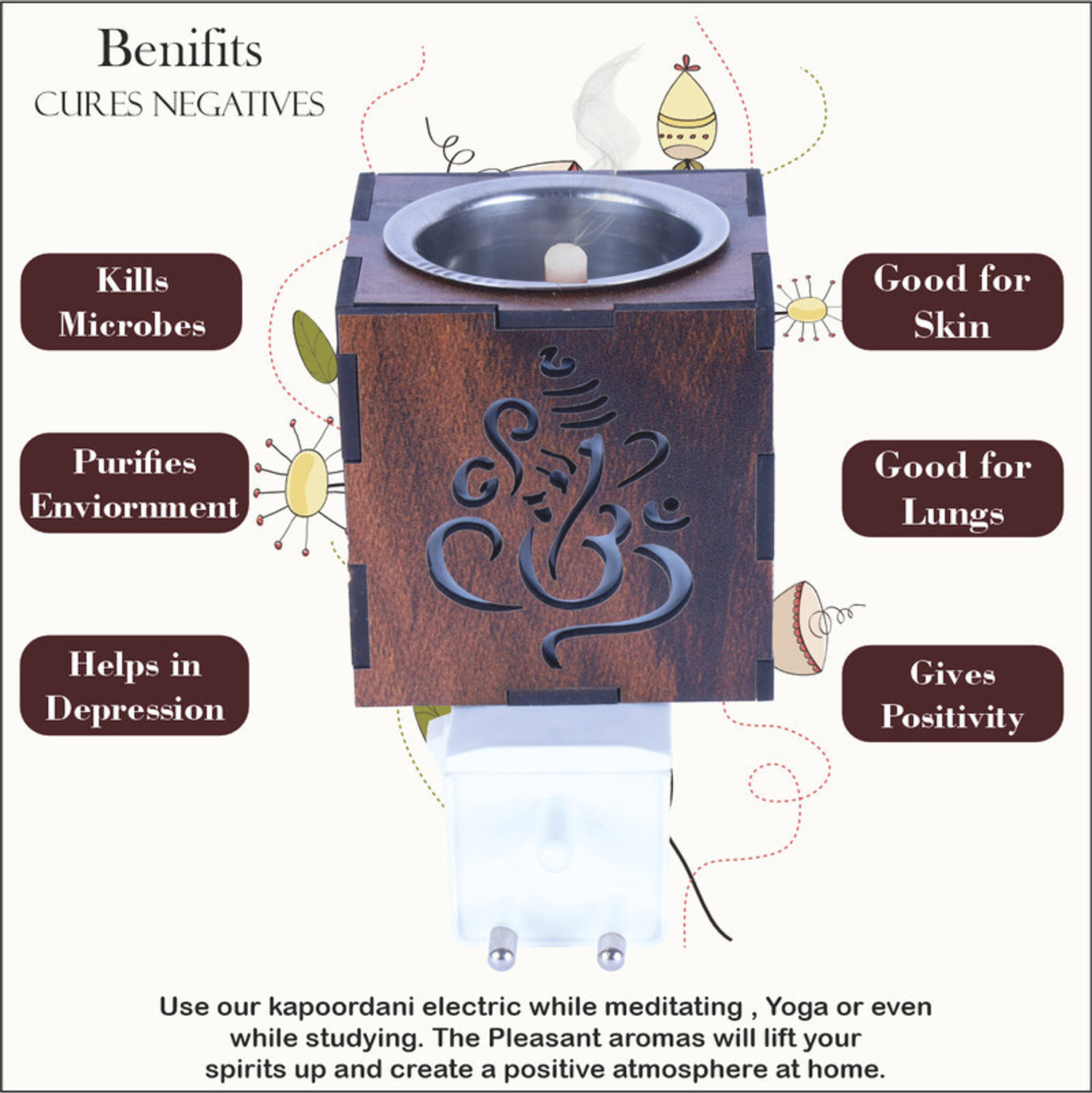Image of SRM Electrical Camphor Diffuser with On /Off Switch to Toggle Between Burner& Lamp Ceramic, Wooden Incense Holder