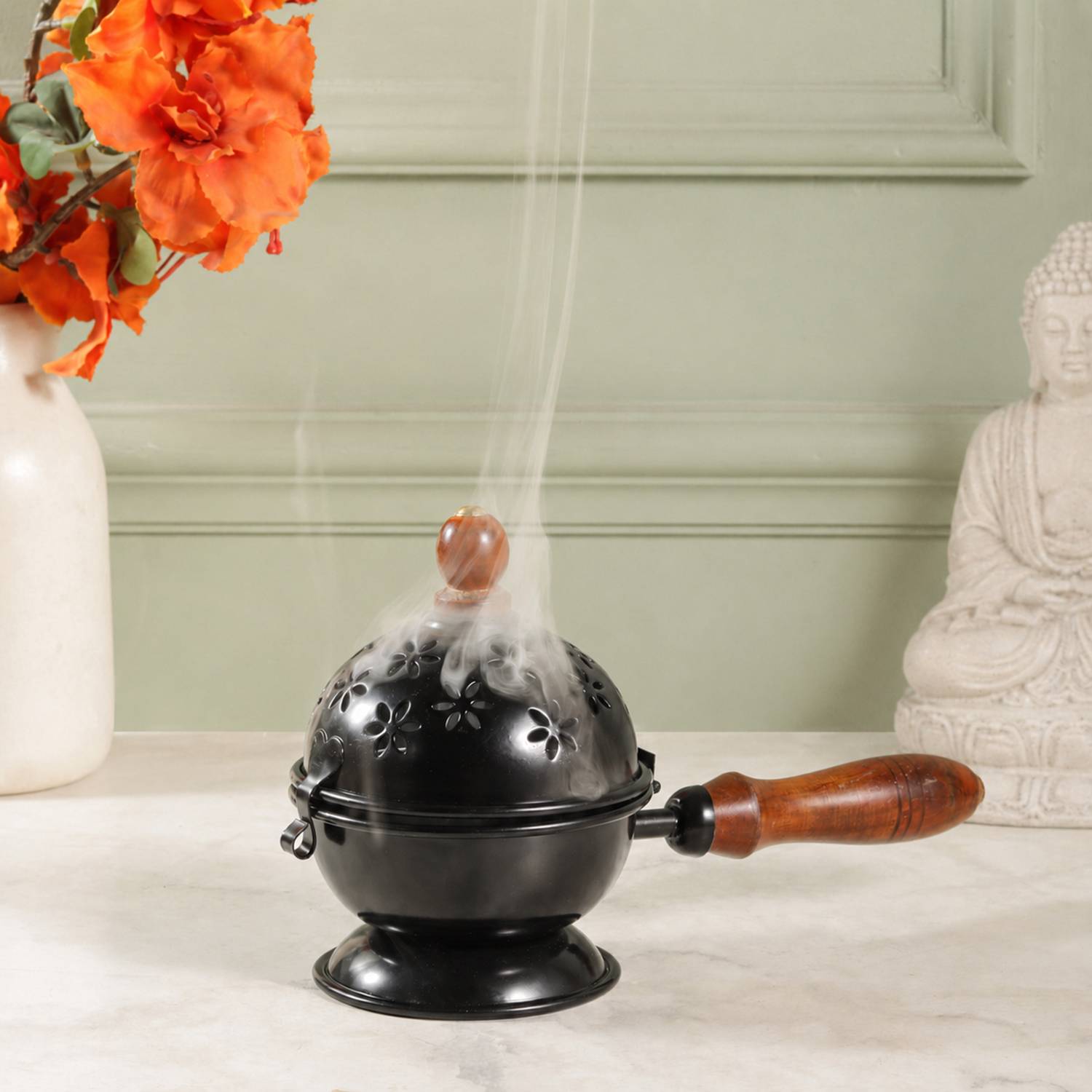ALTINORA Metal dhoop dhani with wooden handle Iron Incense Holder