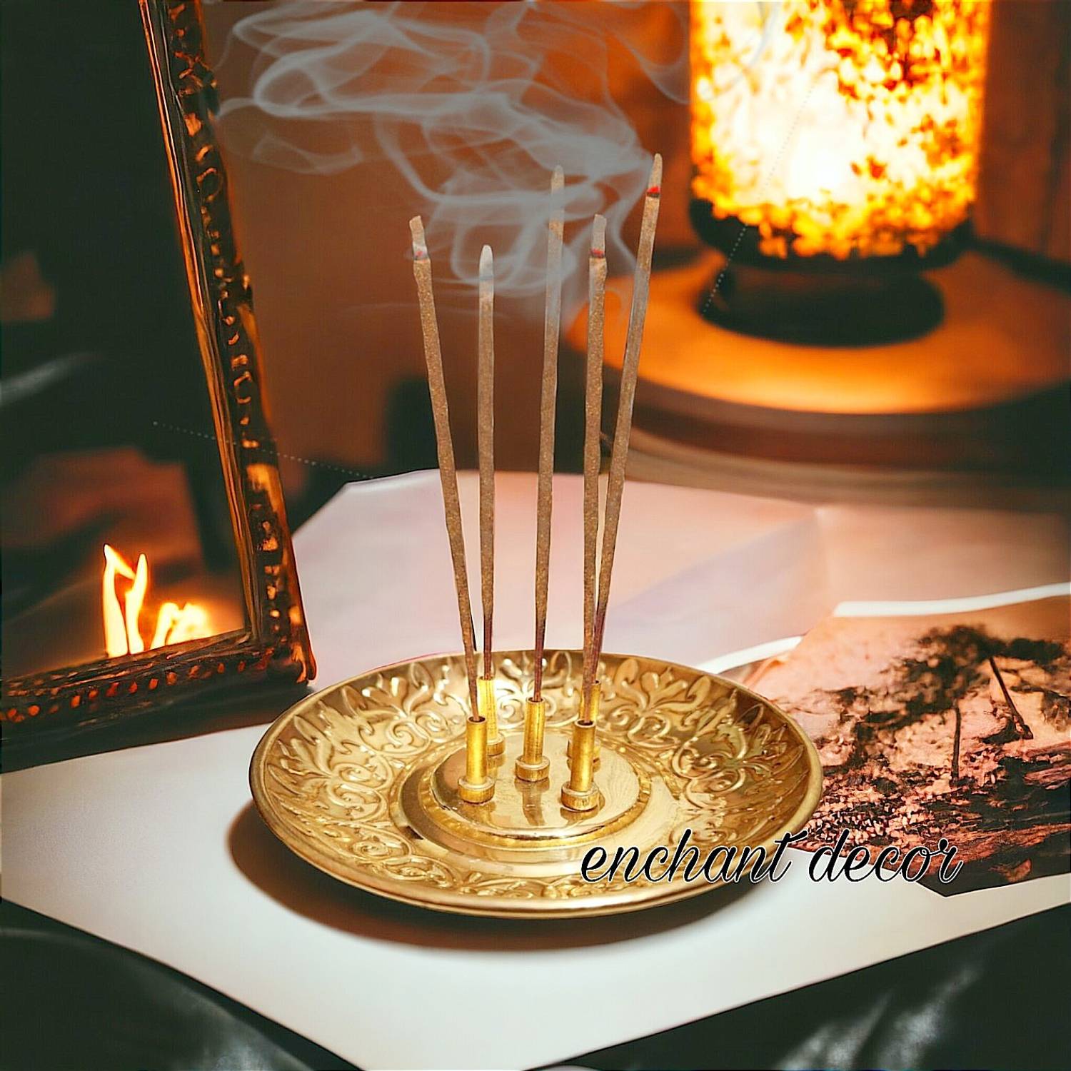 Asha Enchant Decor Brass Incense Stick Holder Agarbatti Stand with Ash Catcher Brass Incense Holder