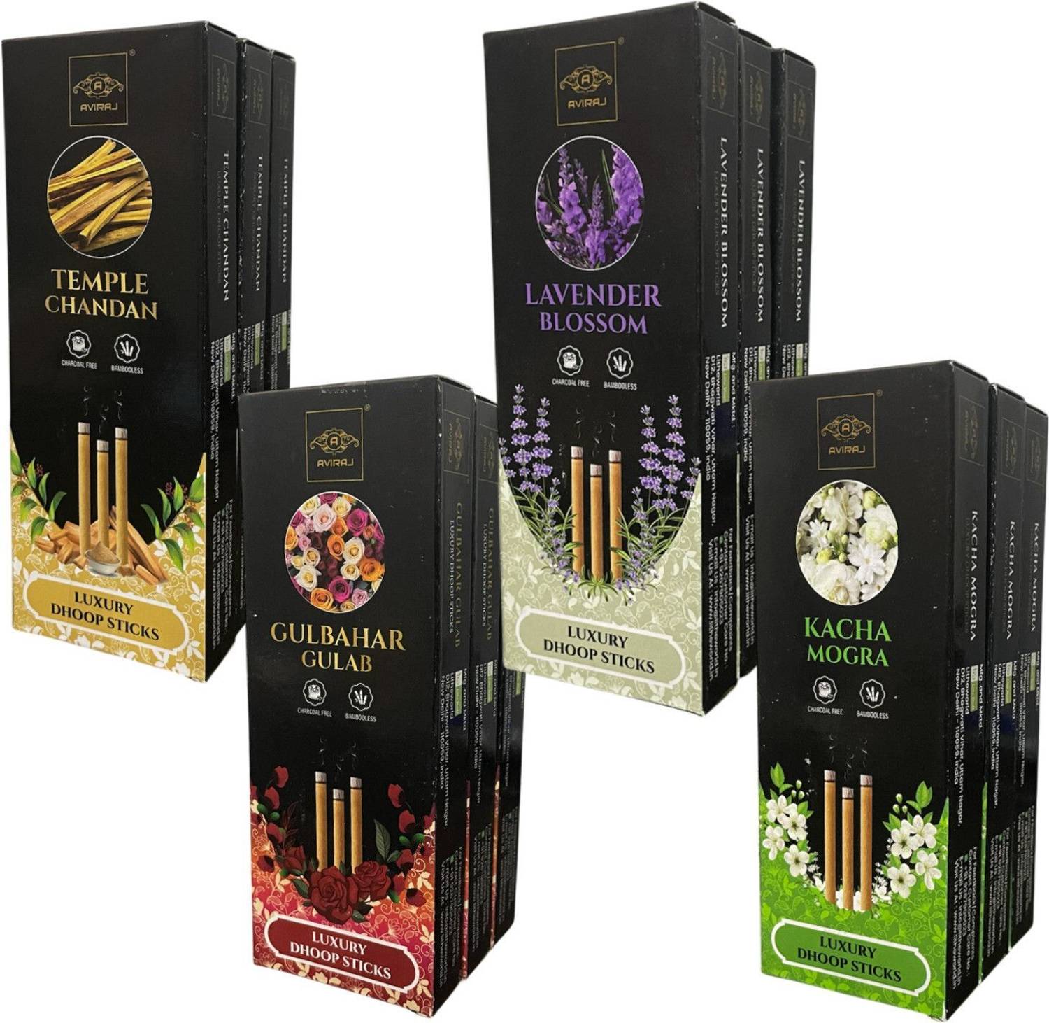 aviraj Incense Dhoop Sticks For Pooja Combo Fragrance Pack of 12 Box with Stand Dry Chandan, Rose, Mogra, Lavender