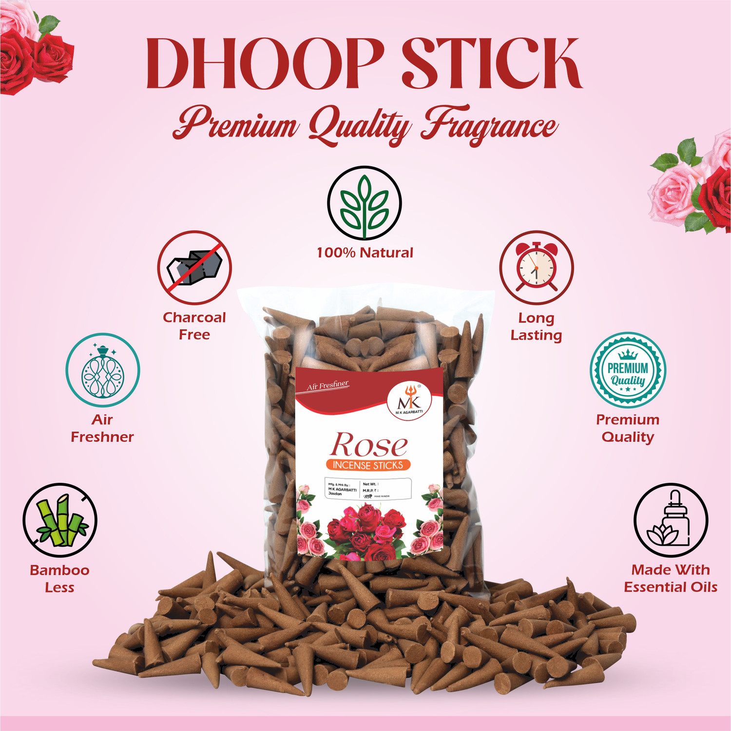 Image of MKagarbatti Trendy Rose woods Mogra 300Gm Dhoop Cones fragrance Incense sticks for Pujaitem Floral Dhoop
