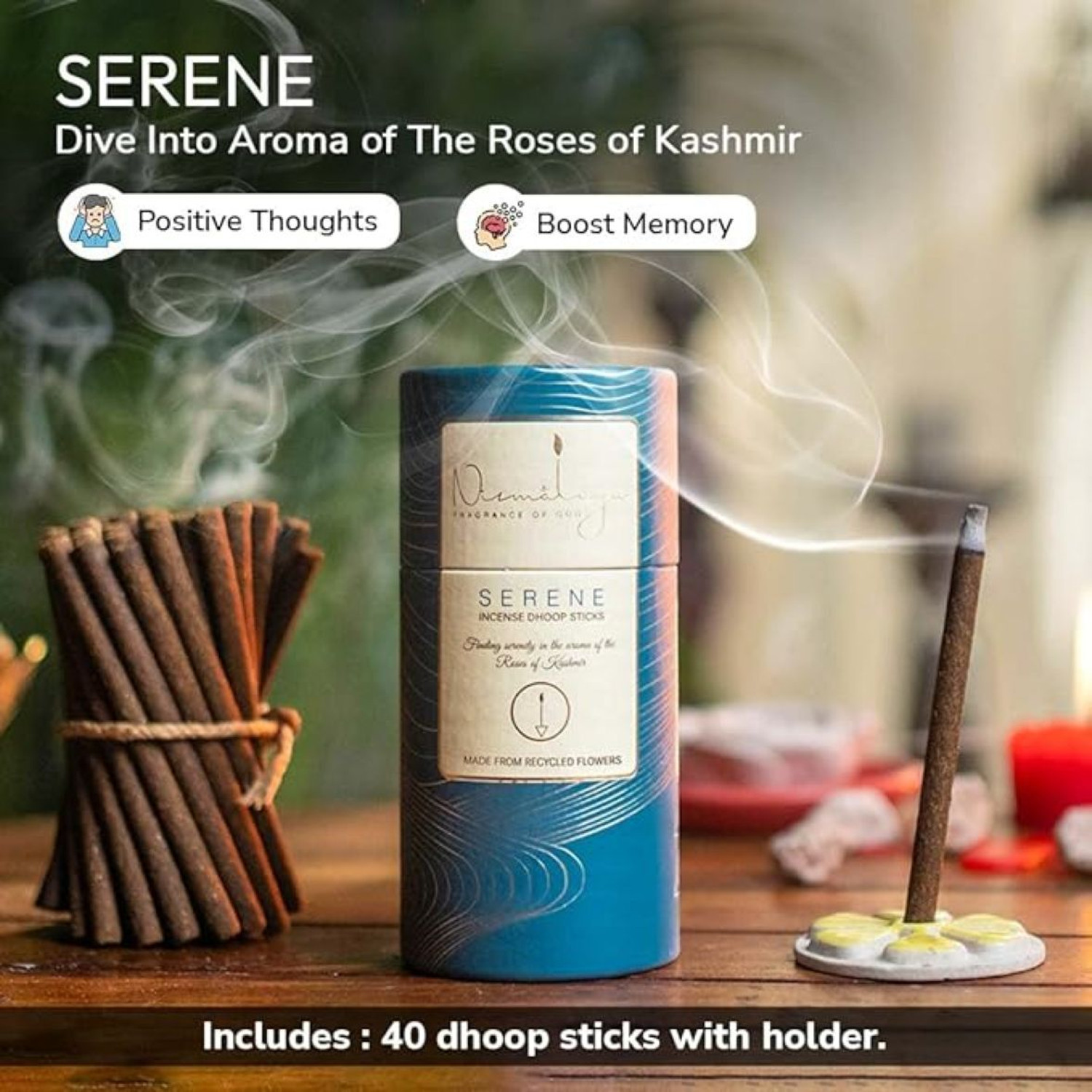 Image of nirmalaya Premium Serene Dhoop Sticks For Pooja | Dhoop Sticks Made by Sacred Flower | Serene Dhoop Sticks With ceramic Stand