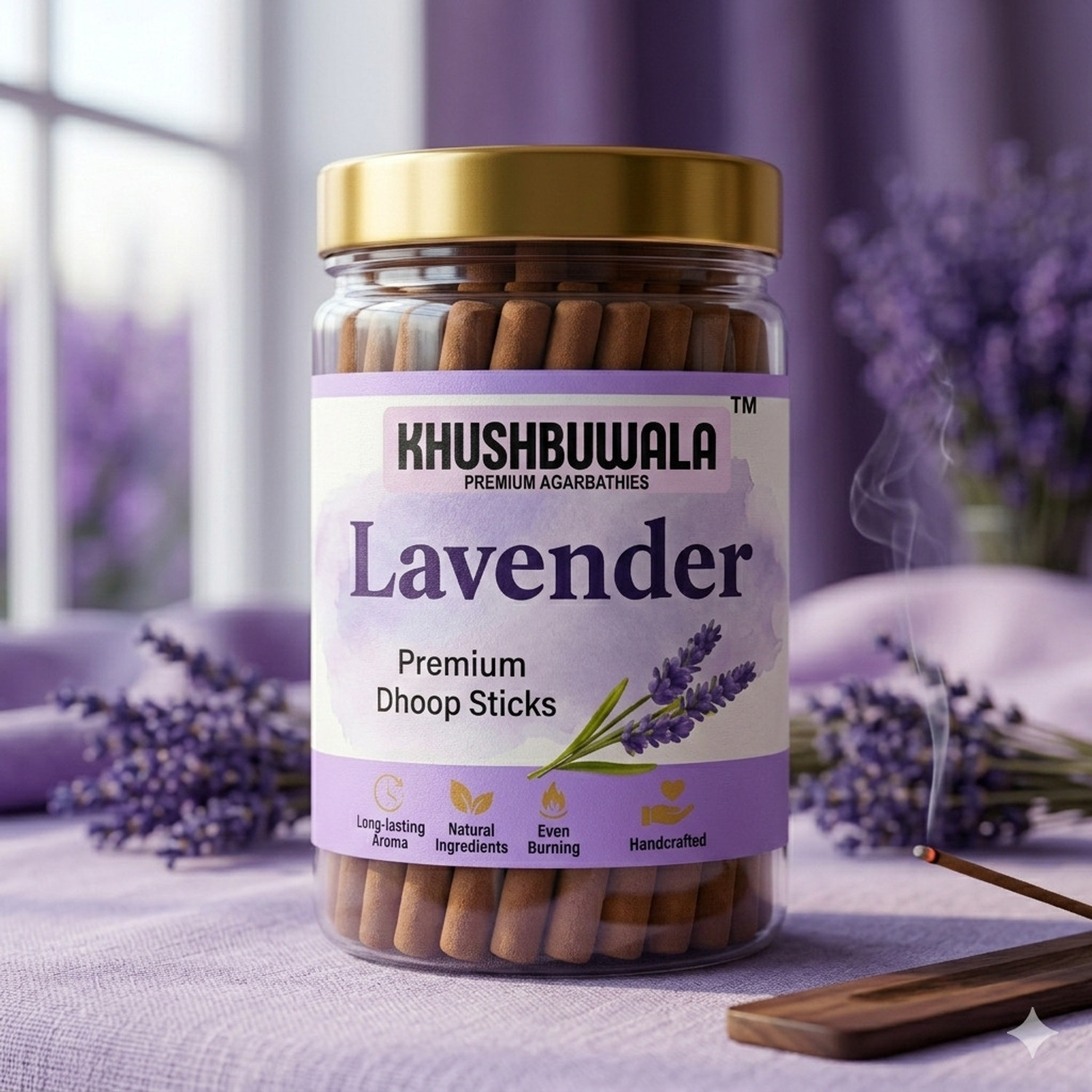 Image of Khushbuwala Premium Lavender Dhoop Sticks Dhoopbatti - Floral Agarbatti Incense 0% Charcoal Lavender (100 g, Set of 1)