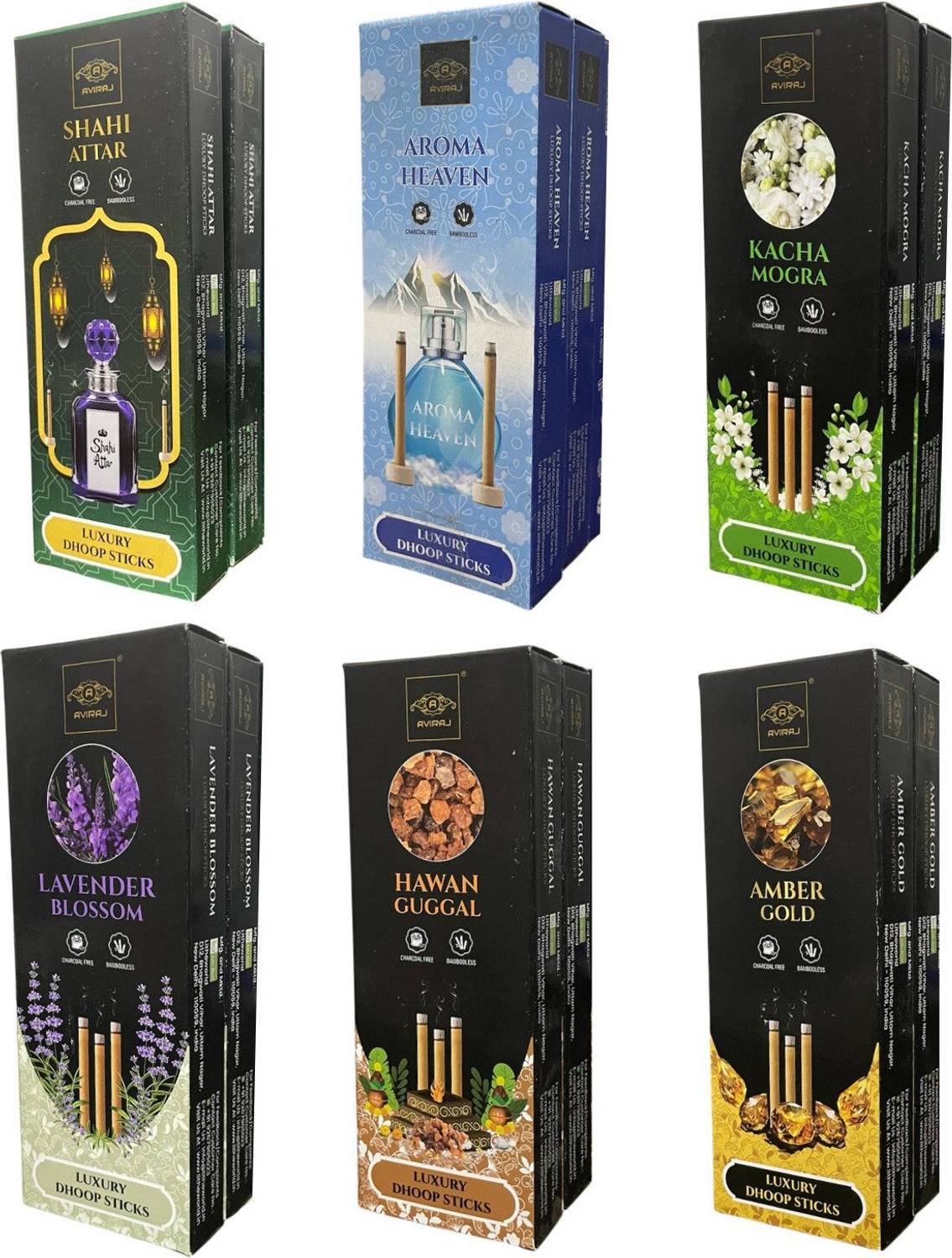 aviraj Incense Multi Dhoop Stick Pooja Fragrance Combo Pack of 12 Box with Stand. Lavender, Amber Gold, Aroma Heaven, Mogra, Shahi Attar, Guggal