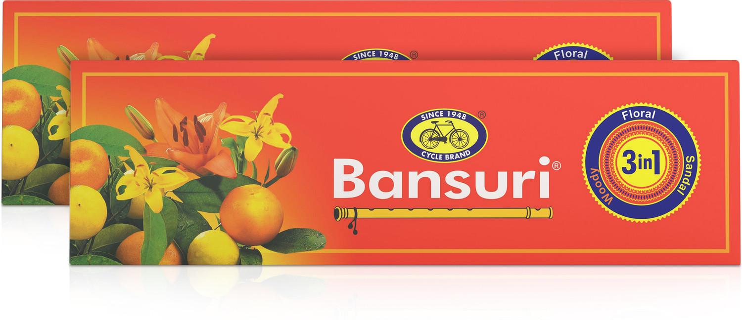 Image of Cycle Pure Bansuri 3 in 1 Agarbatti with Sandal, Floral, Woody Fragranace (101 Units, Set of 2)