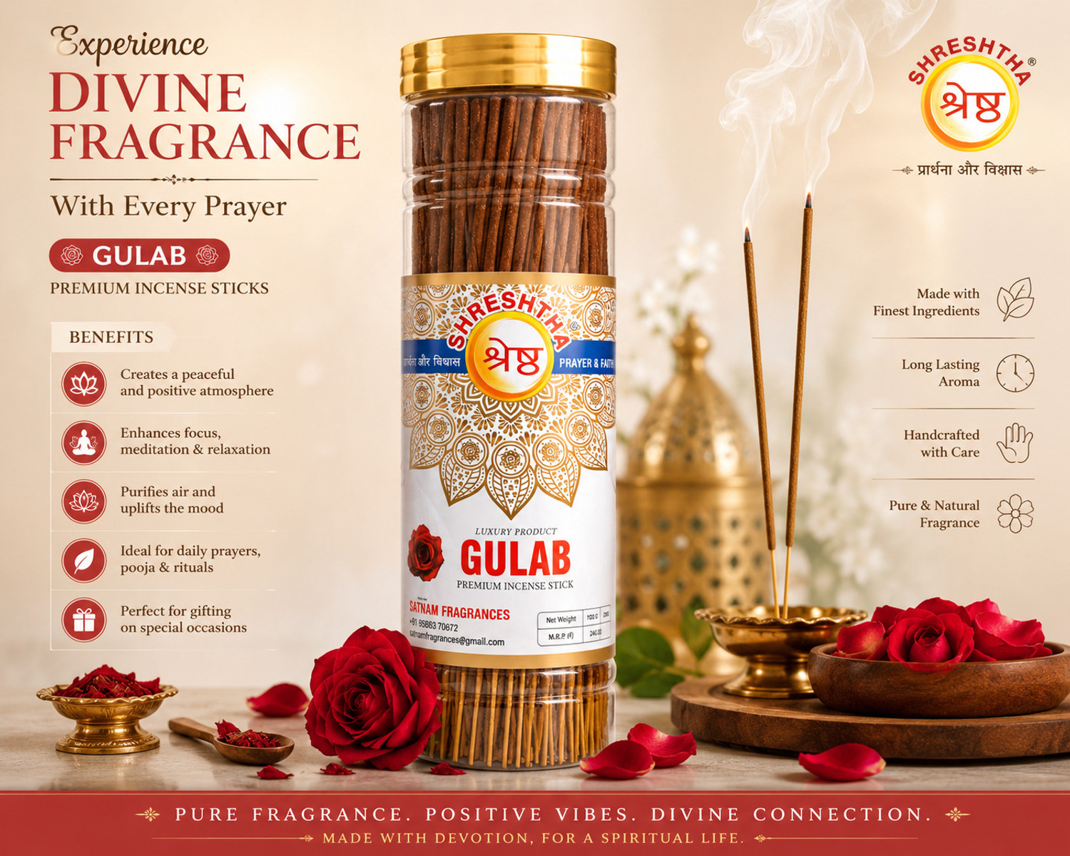 Image of SHRESHTHA LUXURY PREMIUM INCENSE STICKS AGARBATTI (4 X 100GMS) BOTTLE PACK GULAB / ROSE, CHANDAN / SANDAL, MOGRA, PINEAPPLE