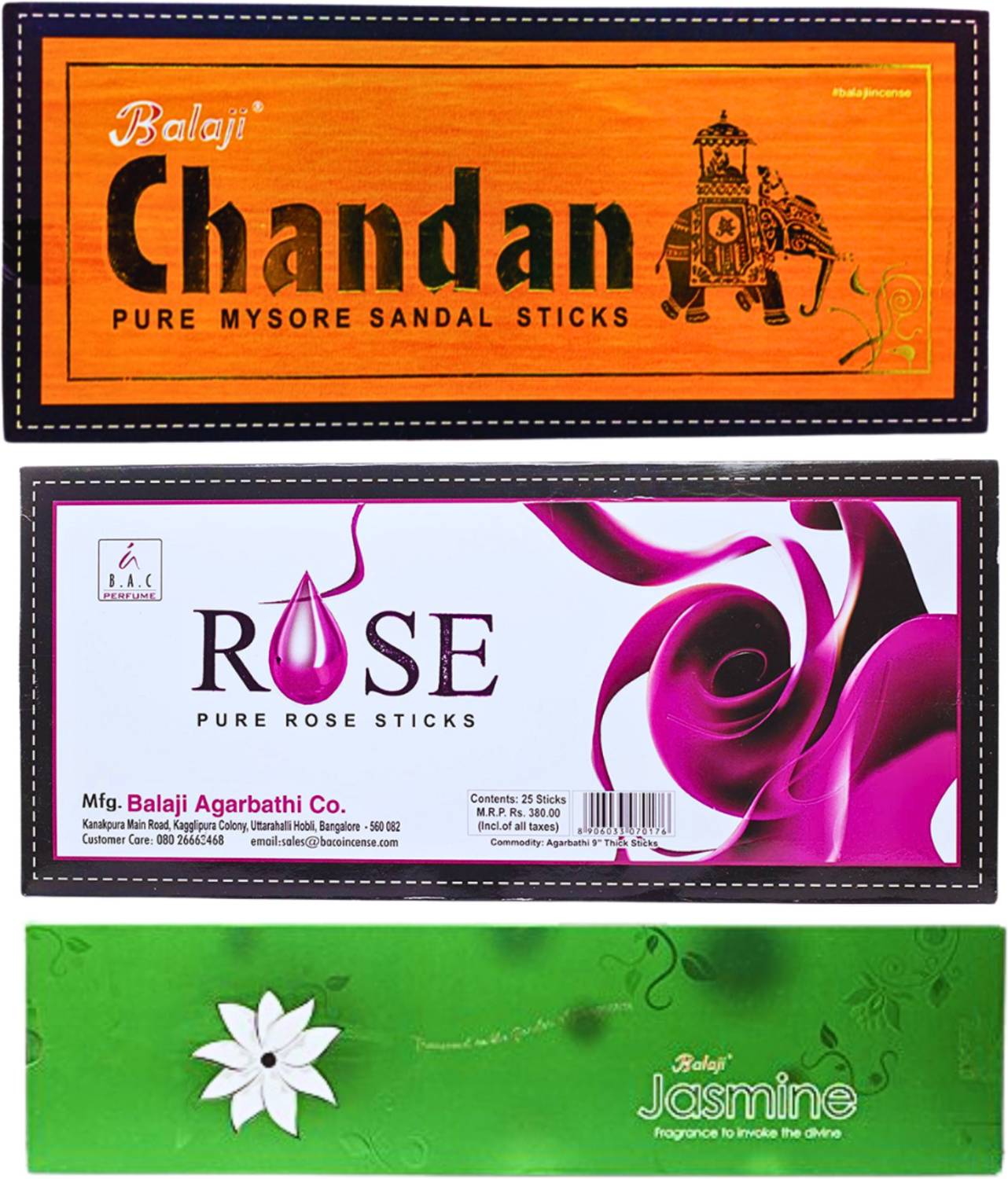 Balaji Chandan, Rose & Jasmine Incense Sticks | Premium Agarbatti for Puja | Rose, chandan, jasmine
