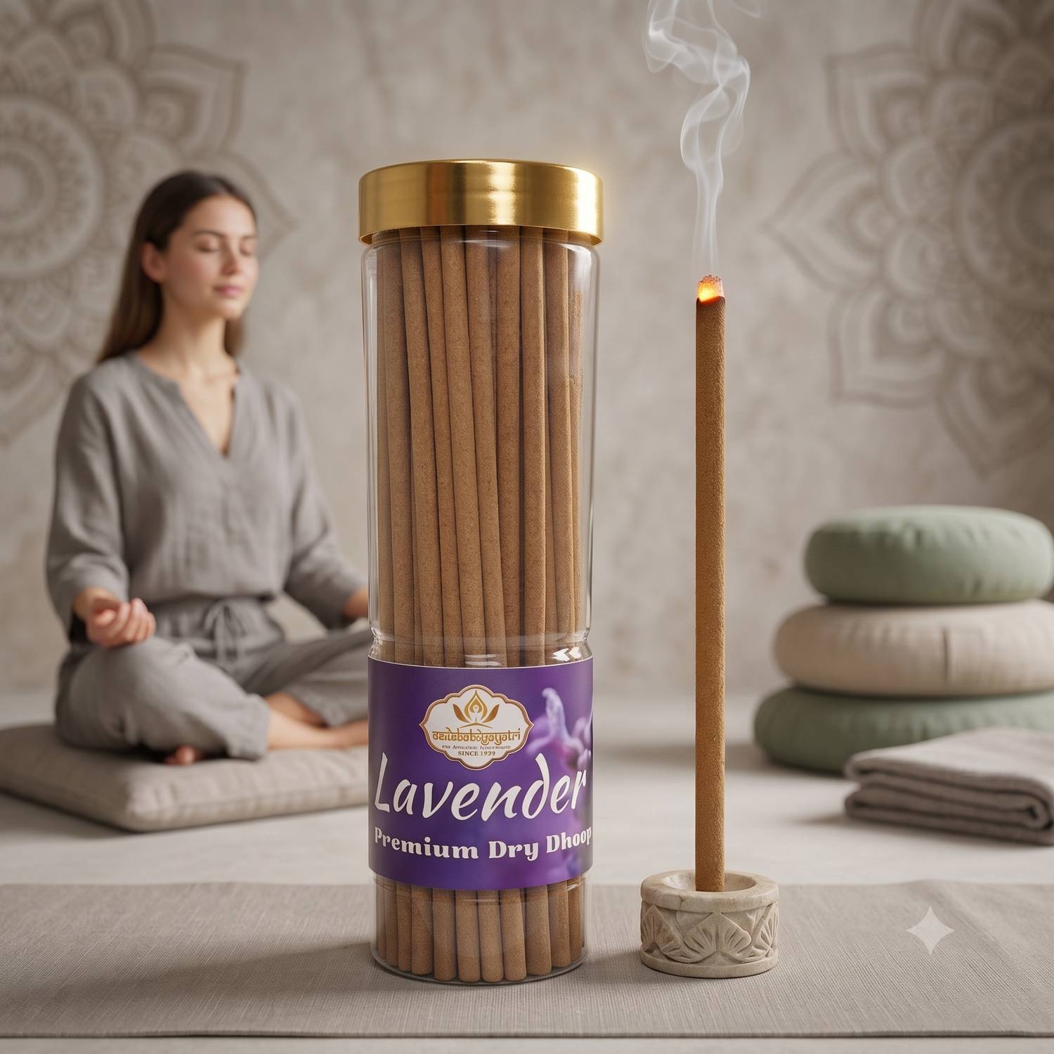 Aadishaktigayatri Lavender Premium Bambooless Dhoop Agarbatti Stick (250 gm Jar) Mogra, Rose, Chandan (Sandalwood), Javadhu, Sambrani, Guggal, Loban, and Dhuna.