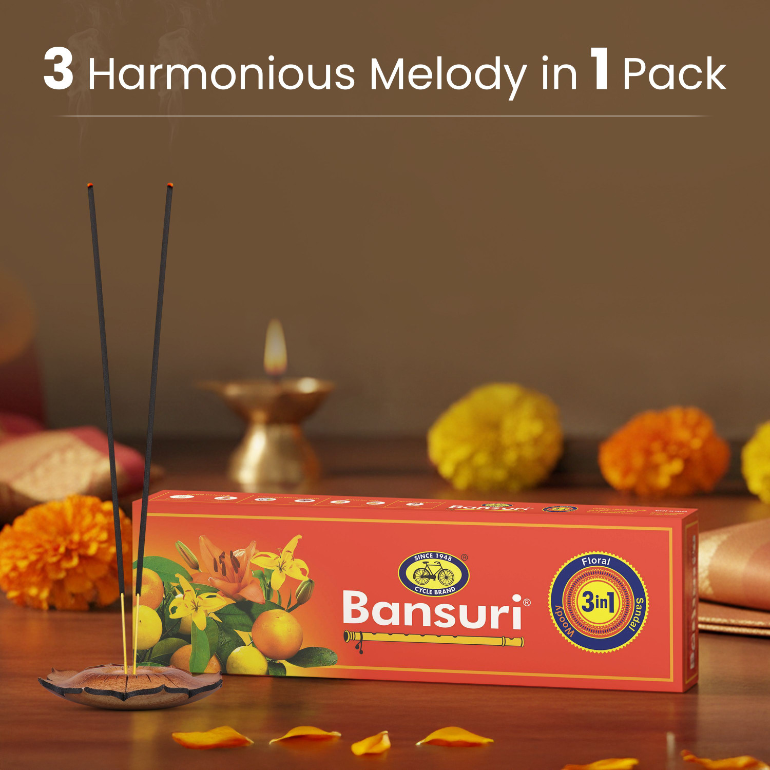 Image of Cycle Pure Bansuri 3 in 1 Agarbatti with Sandal, Floral, Woody Fragranace (101 Units, Set of 2)