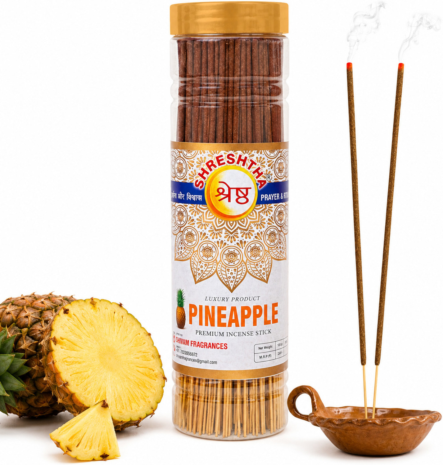 Image of SHRESHTHA LUXURY PREMIUM INCENSE STICKS AGARBATTI (4 X 100GMS) BOTTLE PACK GULAB / ROSE, CHANDAN / SANDAL, MOGRA, PINEAPPLE