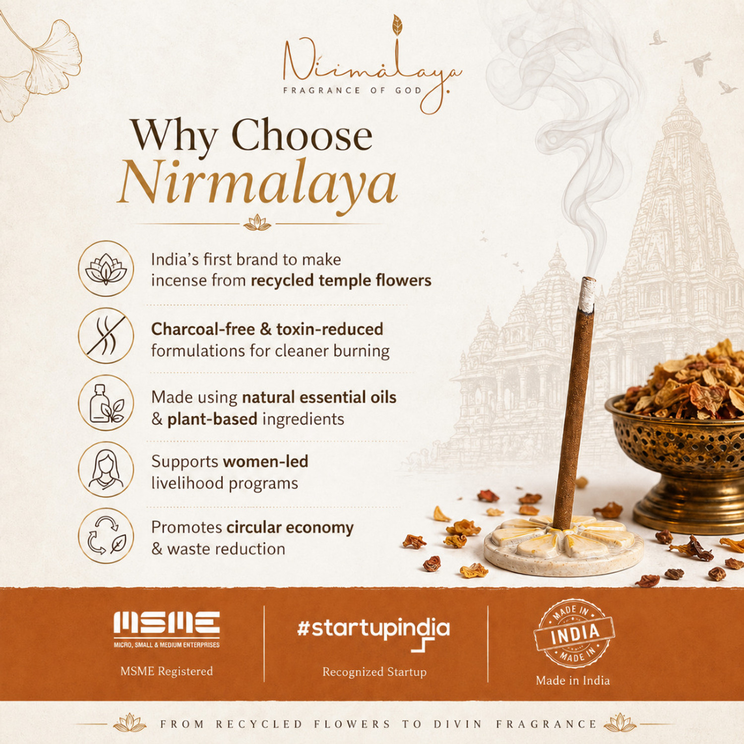 Image of nirmalaya Premium Serene Dhoop Sticks For Pooja | Dhoop Sticks Made by Sacred Flower | Serene Dhoop Sticks With ceramic Stand