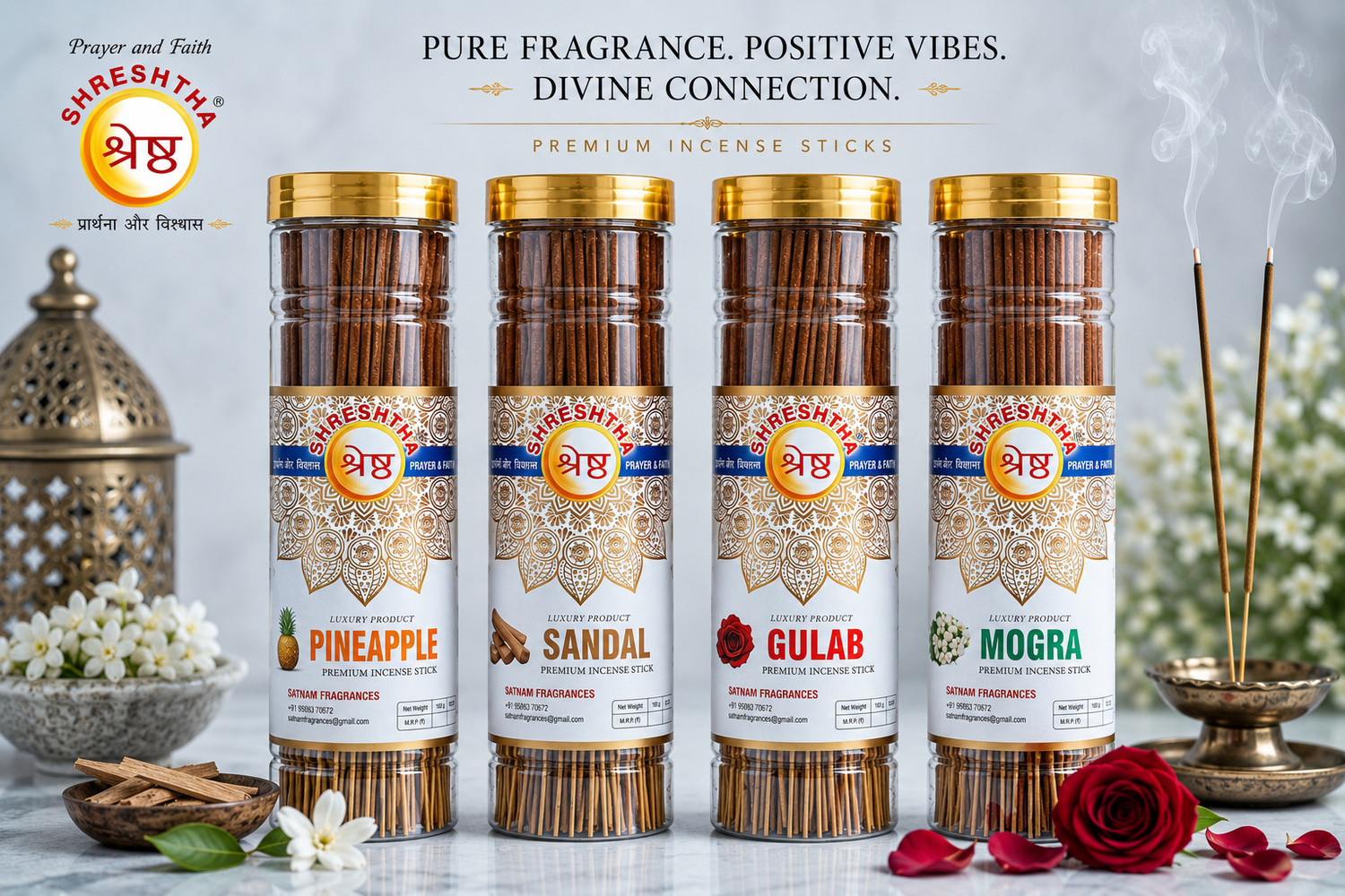 Image of SHRESHTHA LUXURY PREMIUM INCENSE STICKS AGARBATTI (4 X 100GMS) BOTTLE PACK GULAB / ROSE, CHANDAN / SANDAL, MOGRA, PINEAPPLE