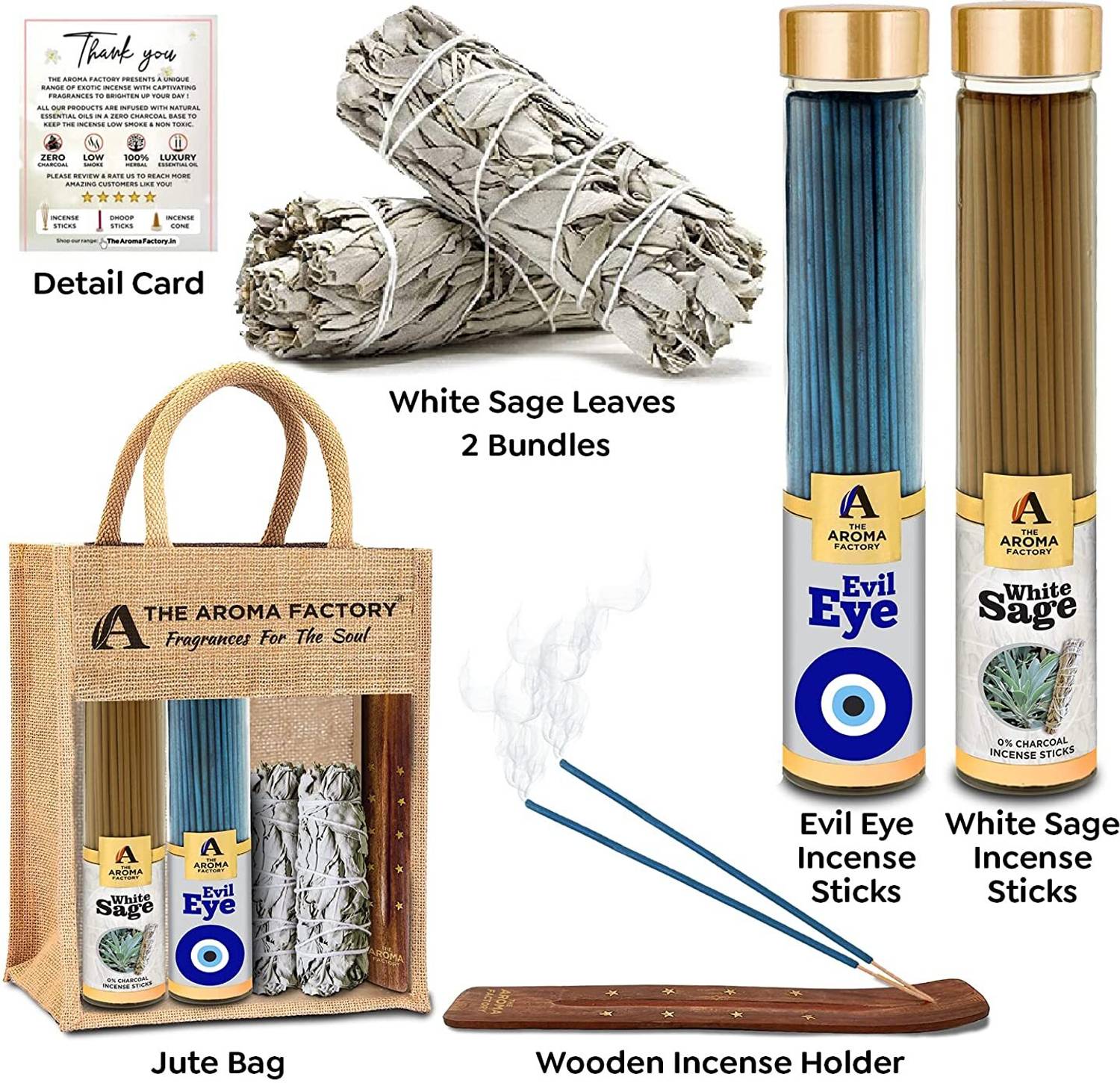 The Aroma Factory Positivity Combo(White Sage Agarbatti 100g, Evil Eye 100g,2 Bundle DryLeaves |1 Stand Holder, 1 Jute Bag) 100% Natural Cleansing | Removes Negativity |