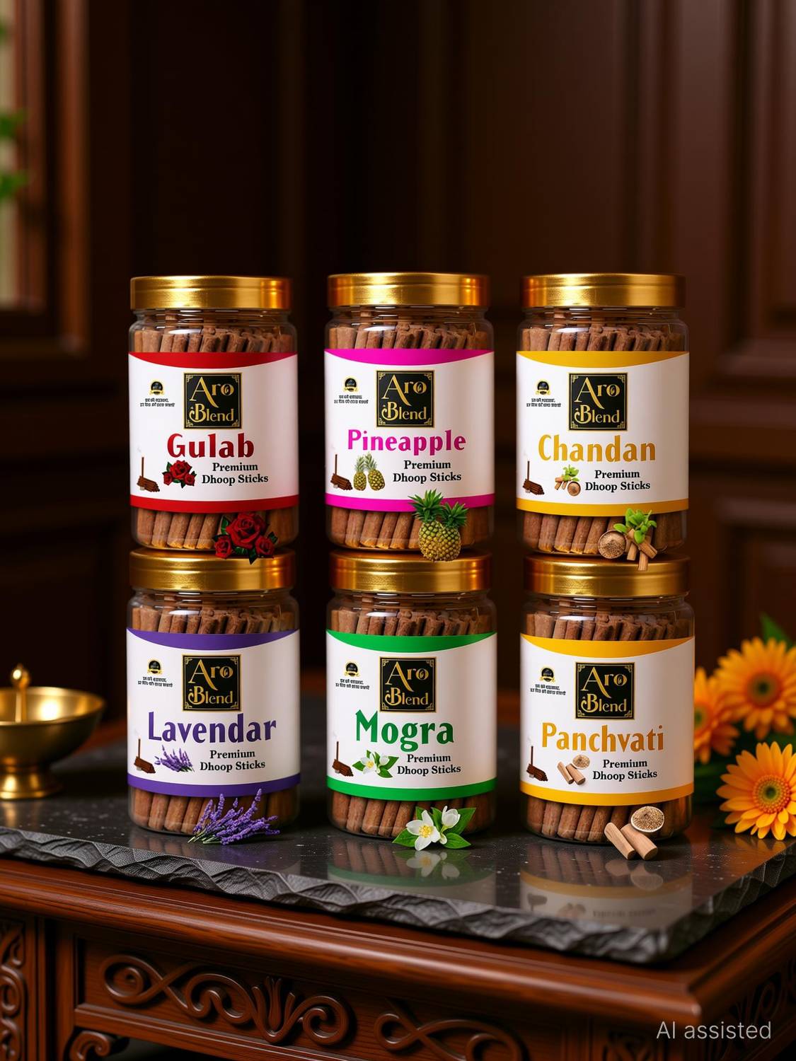 Aroblend PREMIUM GULAB, MOGRA, CHANDAN, PANCHVATI, PINEAPPLE & LAVENDER DRY DHOOP INCENSE STICKS COMBO PACK OF 6 JAR FOR ROOM FRESHNESS, & YOGA MEDITATION