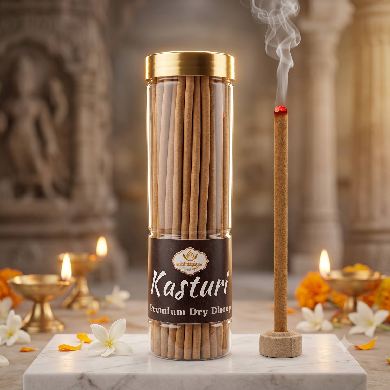 Aadishaktigayatri kasturi Premium Bambooless Dhoop Agarbatti Stick (200 gm Jar) earthy musk, subtle wood, and warm amber, Kasturi Musk Sticks